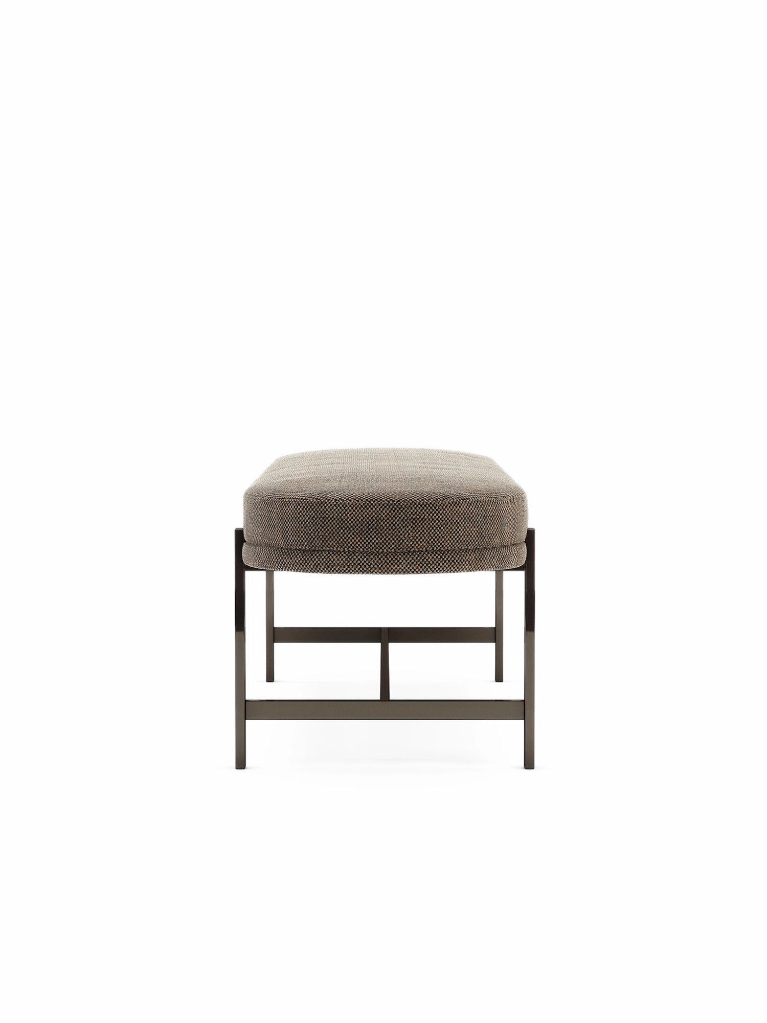 Domkapa Colbert Bench, a modern minimalist upholstered bench featuring a plush, rectangular cushion with subtly rounded edges, finished in a textured brown and grey woven fabric. This contemporary design is supported by a sleek, dark grey metal frame with clean, geometric lines, offering both durability and sophisticated style. Ideal as an entryway bench, living room ottoman, or bedroom accent for modern and industrial chic interiors.