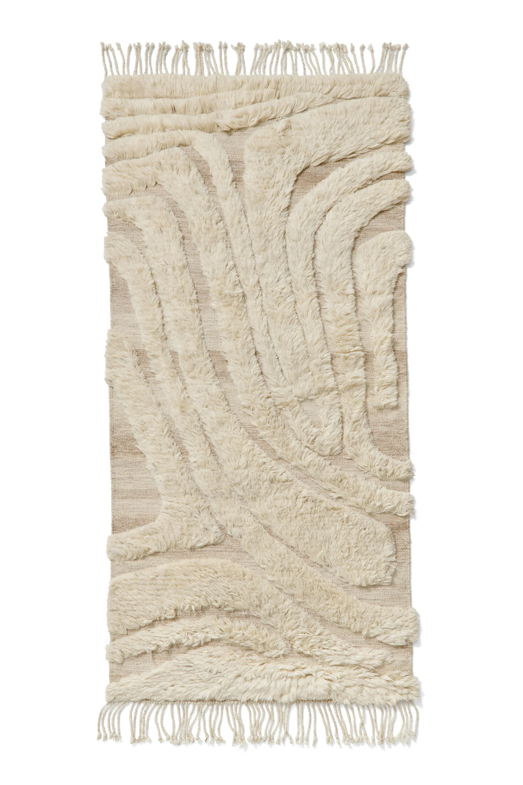 Cappelen Dimyr Colonnade No.01 Rug, a luxurious hand-knotted wool area rug featuring an organic abstract pattern in plush cream and natural beige tones, with a shaggy high-pile texture contrasting a flatweave base and fringed ends. This contemporary organic modern rug is perfect for adding warmth and sophisticated texture to Scandinavian living rooms, minimalist bedrooms, or boho-chic spaces.