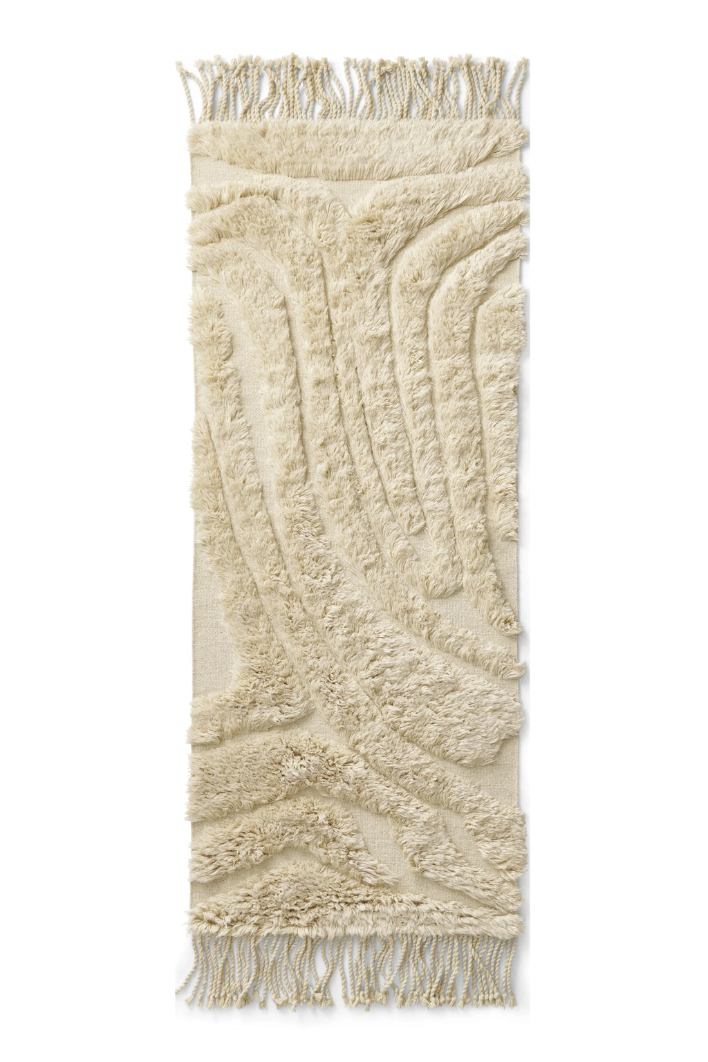 Cappelen Dimyr Colonnade No.04 Rug, a luxurious cream hand-tufted wool rug featuring a distinctive high-low pile texture with organic wavy patterns and plush shaggy details, crafted from natural undyed wool in warm ivory tones. This contemporary textured area rug, finished with braided fringe, is perfect for adding warmth to boho living rooms, Scandinavian bedrooms, or minimalist entryways.