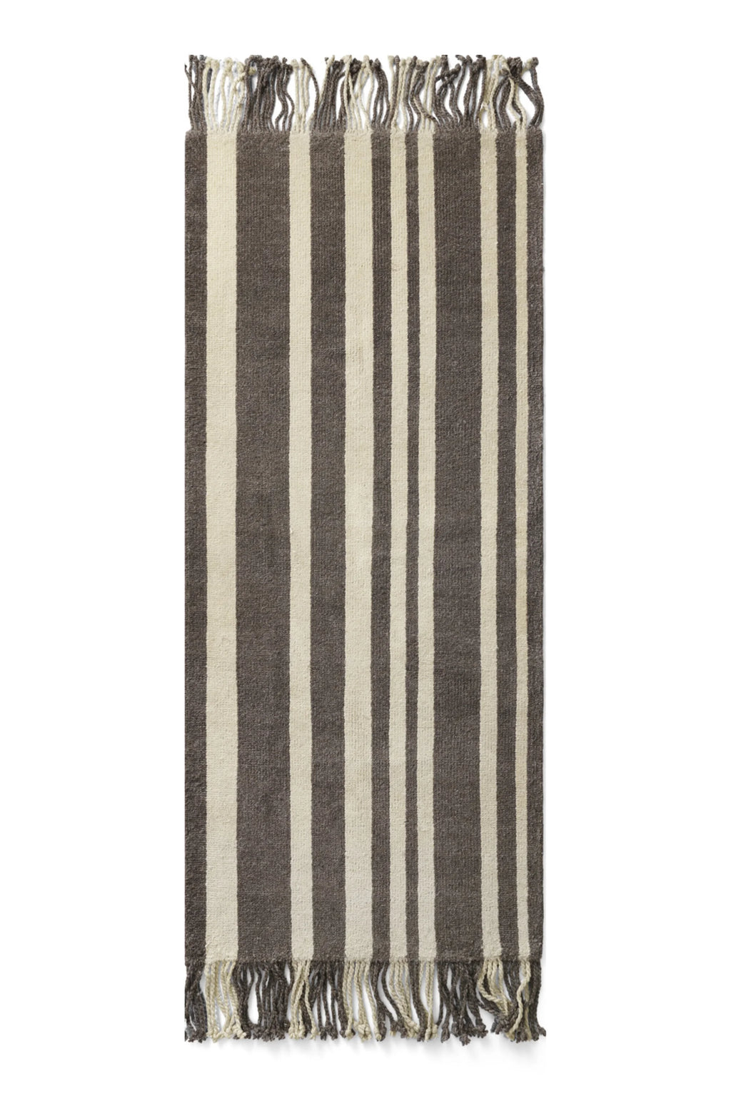 Cappelen Dimyr Colonnade No.05 Rug, a modern minimalist hand-woven wool area rug featuring a bold striped pattern in rich charcoal grey and natural cream tones with soft fringed edges. This textured Scandinavian-style rug is ideal for adding warmth and sophisticated design to living rooms, bedrooms, or hallways.