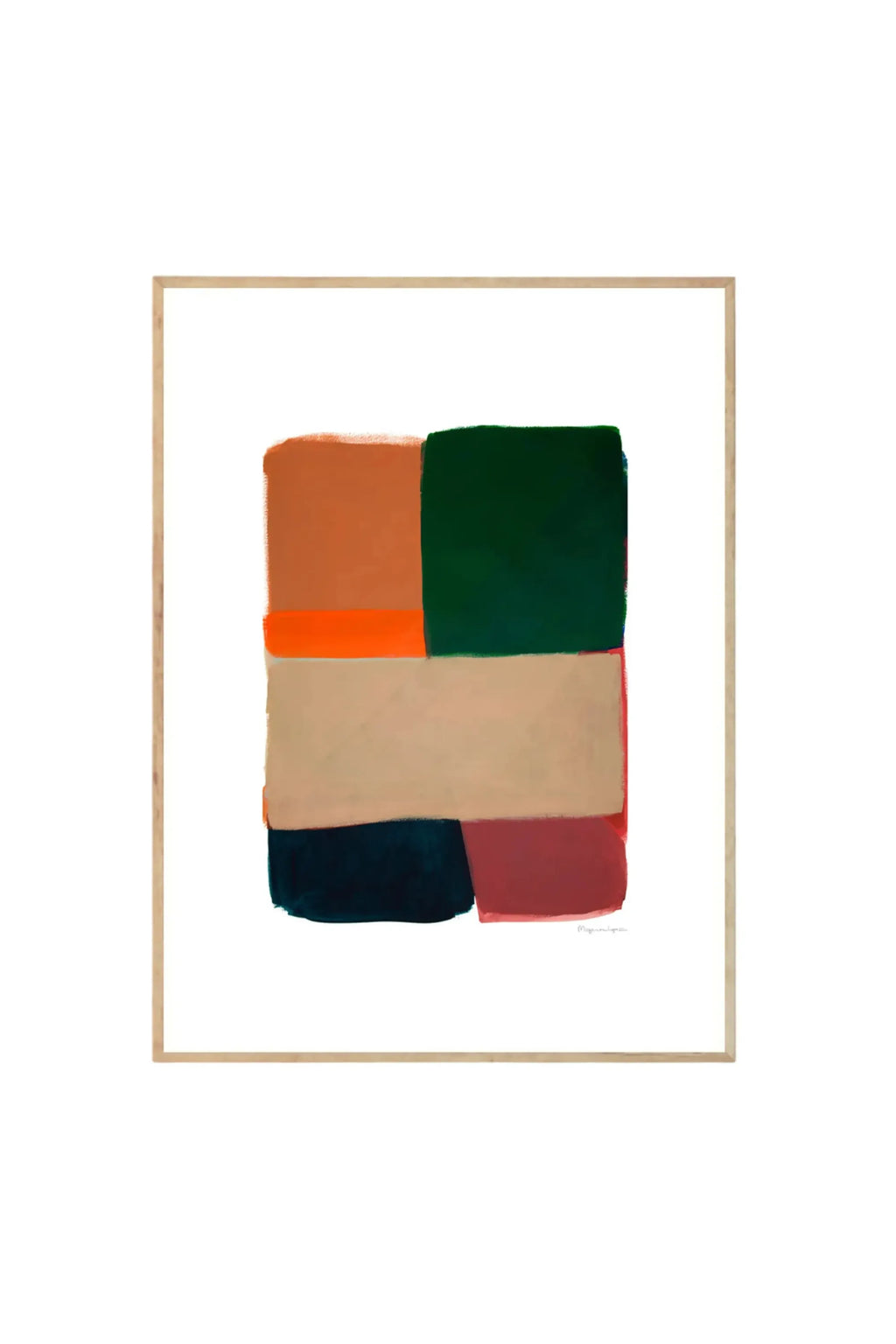 The Poster Club Colour Squares 02 Art Print, featuring an abstract composition of earthy-toned painted blocks in deep green, terracotta, beige, dark teal, and rich burgundy, with a bright orange accent, all framed in a light natural wood frame. This modern art poster is a stylish home decor piece for contemporary art lovers and interior design enthusiasts.
