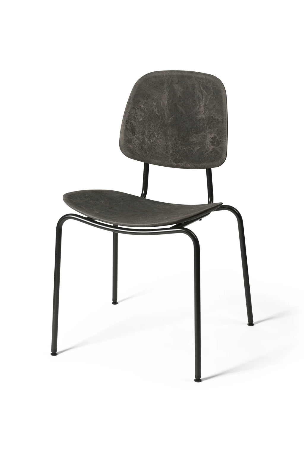 Mater Compound Dining Chair in a darker, charcoal gray finish, showcasing its unique textured surface on the seat and backrest. The elegant chair stands on a sturdy black metal frame, presented on a crisp white background.