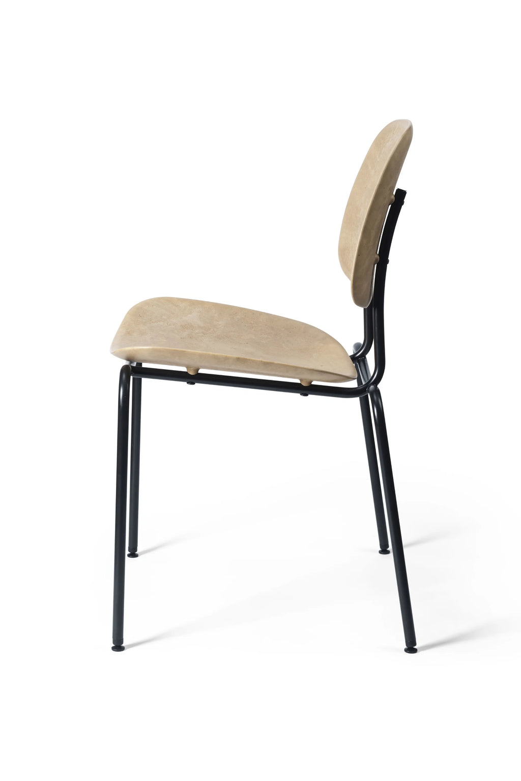 Mater Compound Dining Chair, shown from a side profile, revealing its light brown textured seat and backrest. The elegant, curved design and sturdy black metal frame provide both comfort and a contemporary look, on a white background.
