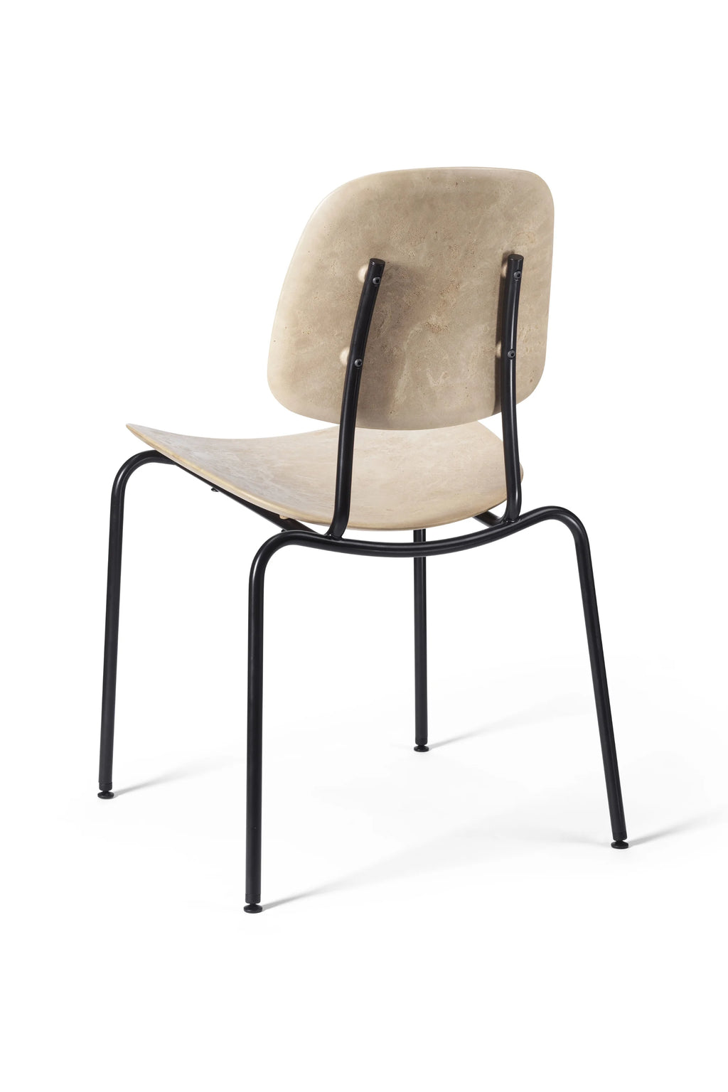 Mater Compound Dining Chair, viewed from the back, showcasing the light brown textured finish of the seat and backrest. The minimalist design features a robust black metal frame, providing a modern and stylish appearance on a white background.