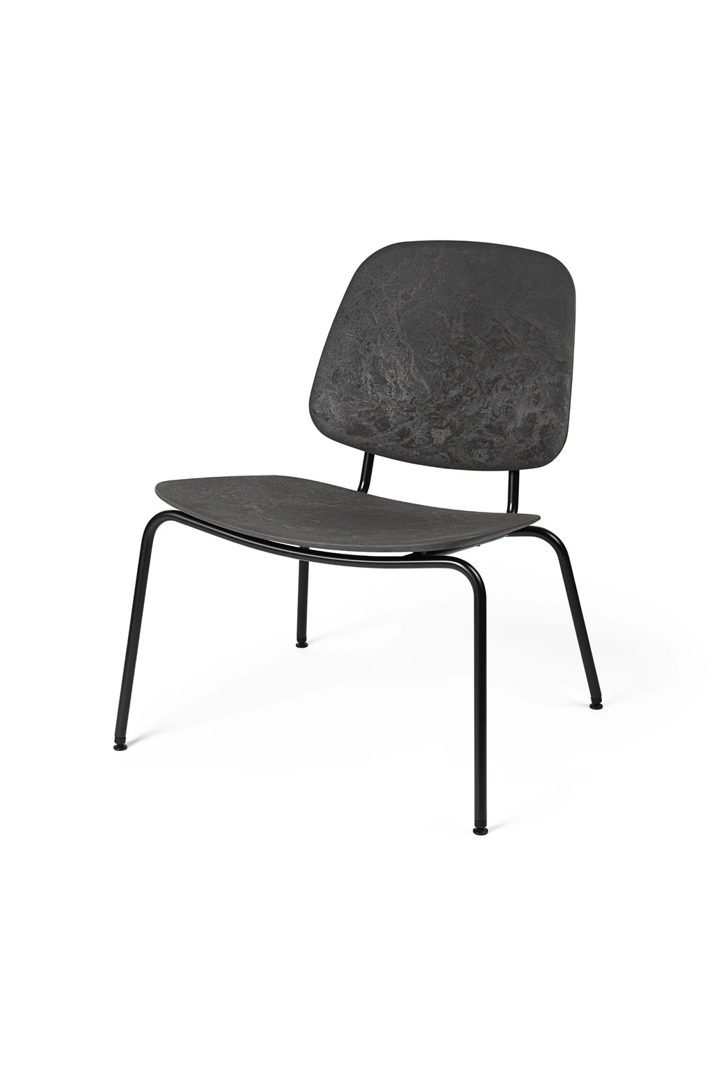 Mater Compound Lounge Chair, in a sophisticated dark charcoal grey with a distinct textured finish on the seat and backrest, complemented by slim black metal legs, displayed on a white background.