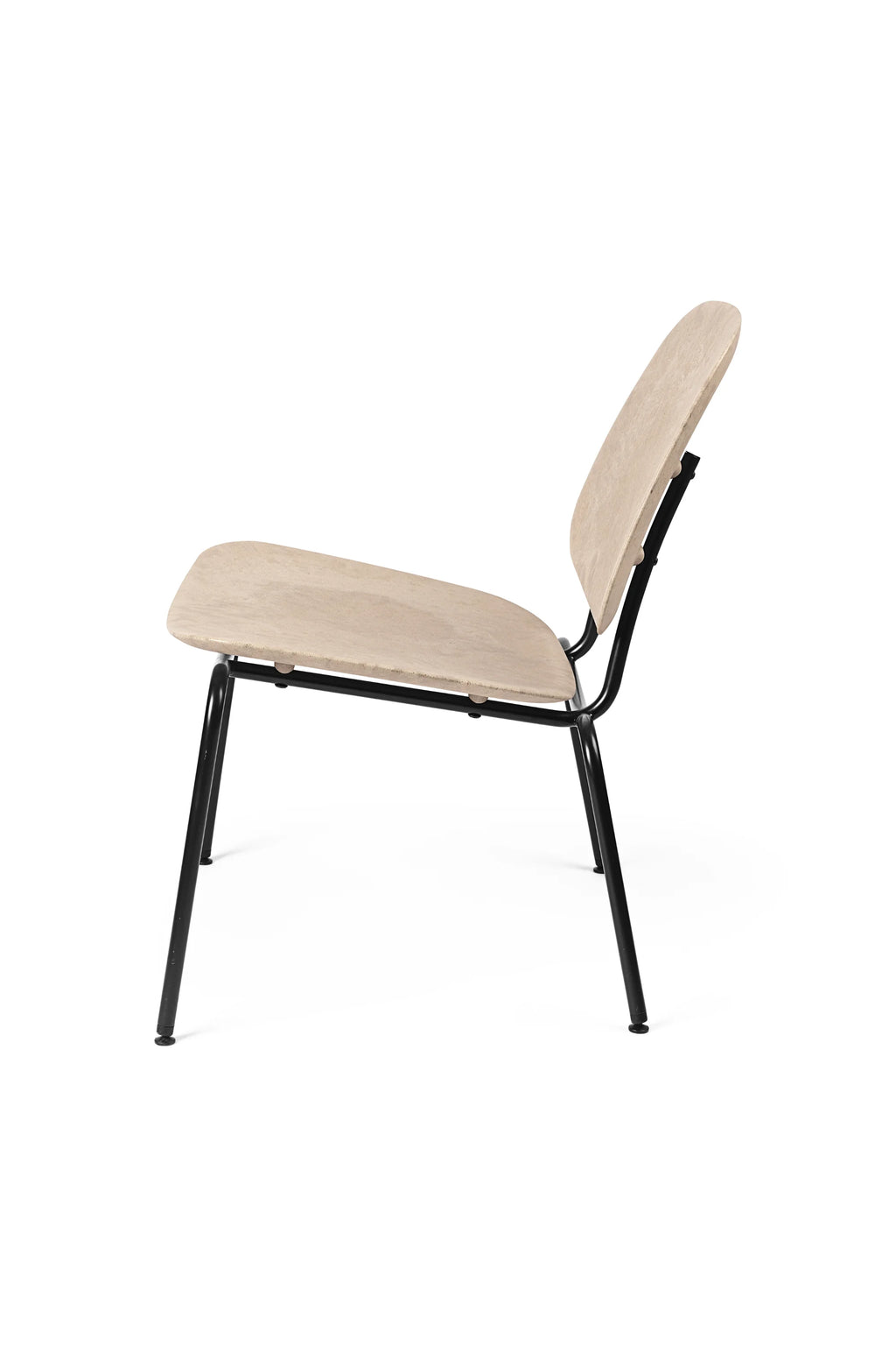 Mater Compound Lounge Chair, shown from a side profile, featuring a light beige, textured seat and backrest, with a low-slung, comfortable design, supported by black metal legs, on a white background.