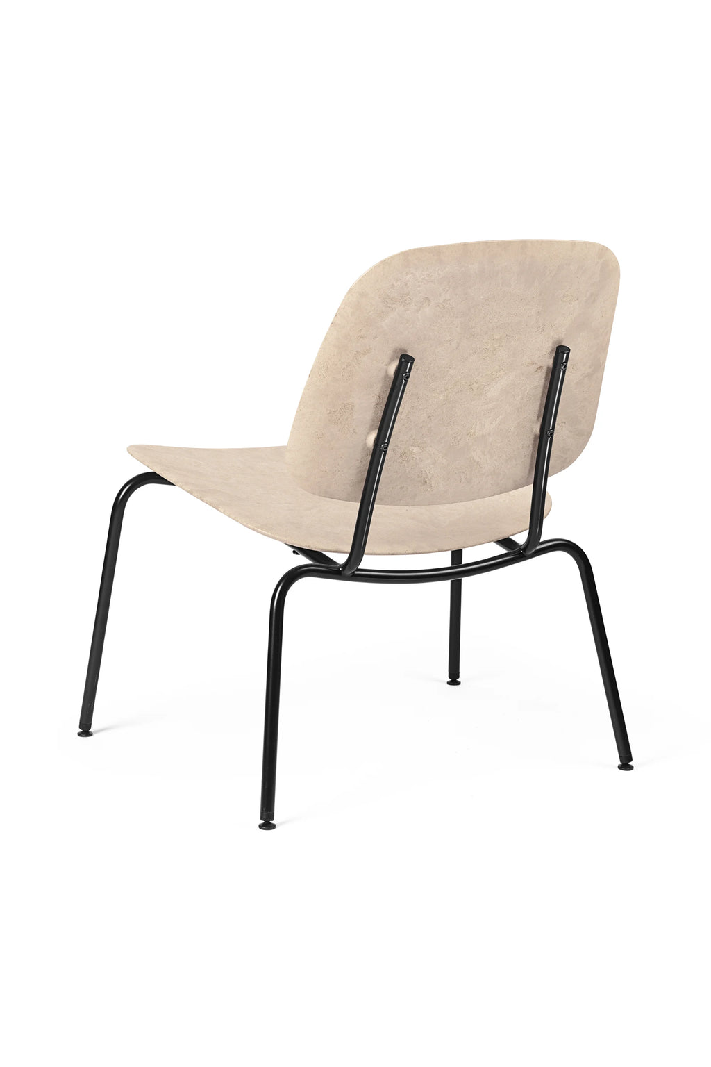 Mater Compound Lounge Chair, viewed from the back, highlighting the light beige, textured seat and backrest, with a modern, ergonomic design and sturdy black metal legs, on a white background.