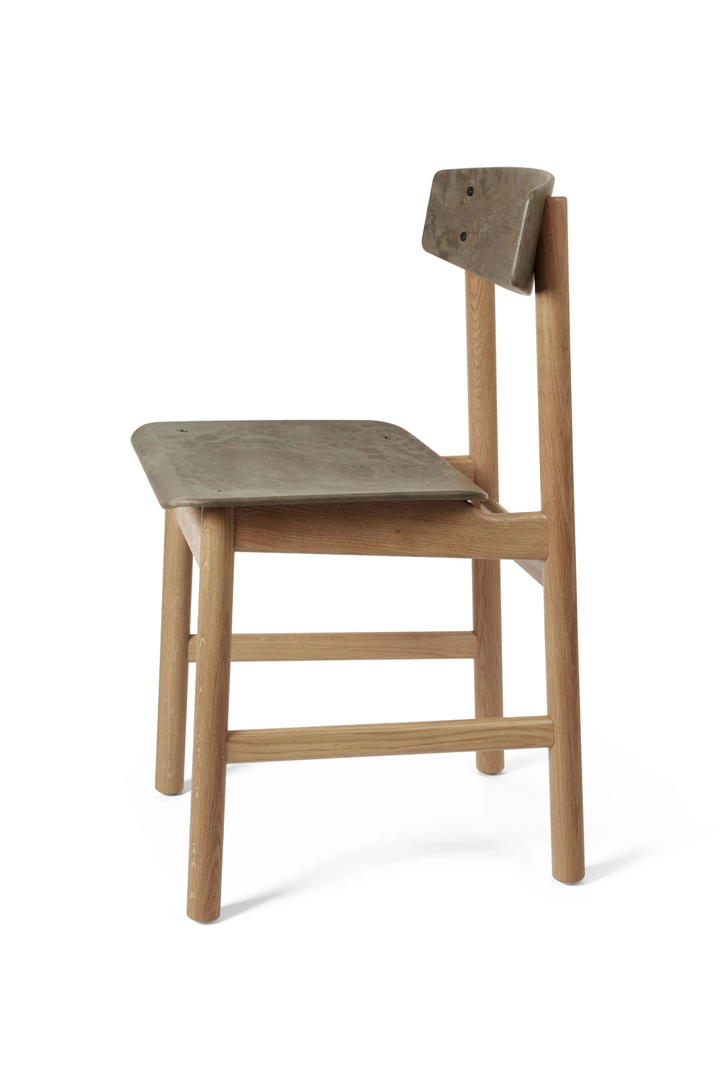 Mater Conscious Chair, viewed from a three-quarter rear angle, showcasing its natural light oak frame and a dark grey, subtly textured seat and backrest, on a pristine white background.