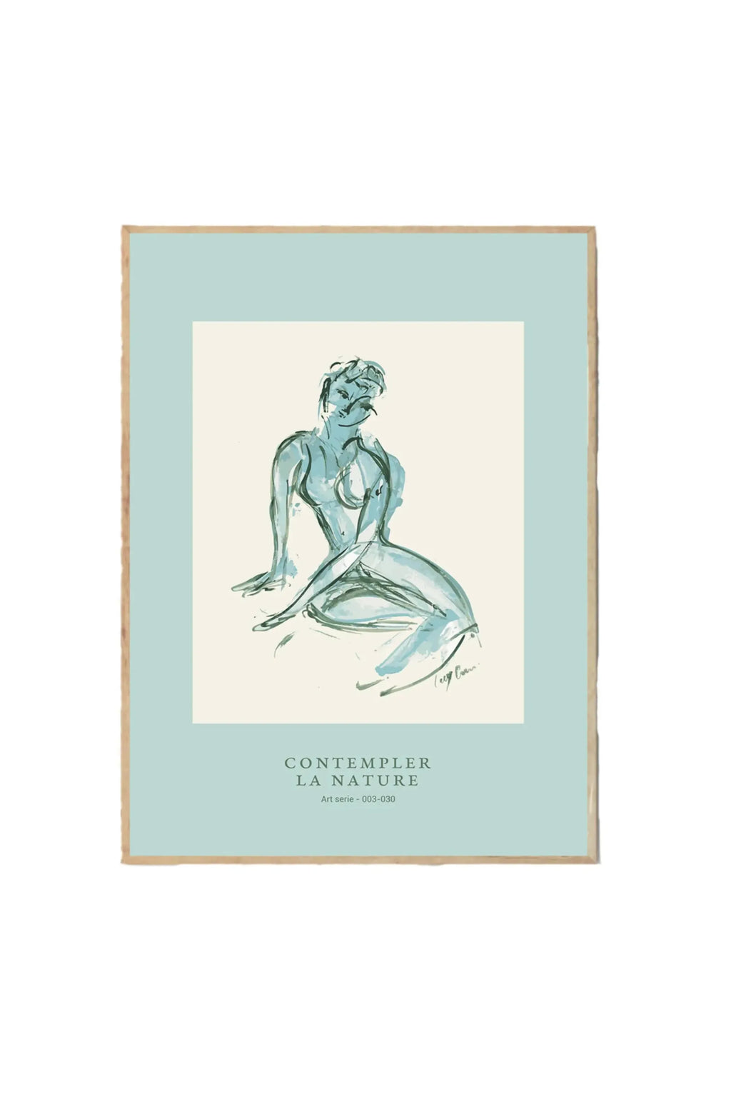 The Poster Club Contempler la Nature - Art Print, a stylish poster featuring a minimalist, abstract line drawing of a seated female figure in blue-green watercolor hues on an off-white background, framed by a soft blue-green border and a natural light brown wooden frame. This elegant wall art is perfect for adding a touch of modern sophistication to any living space for art lovers and home decorators.