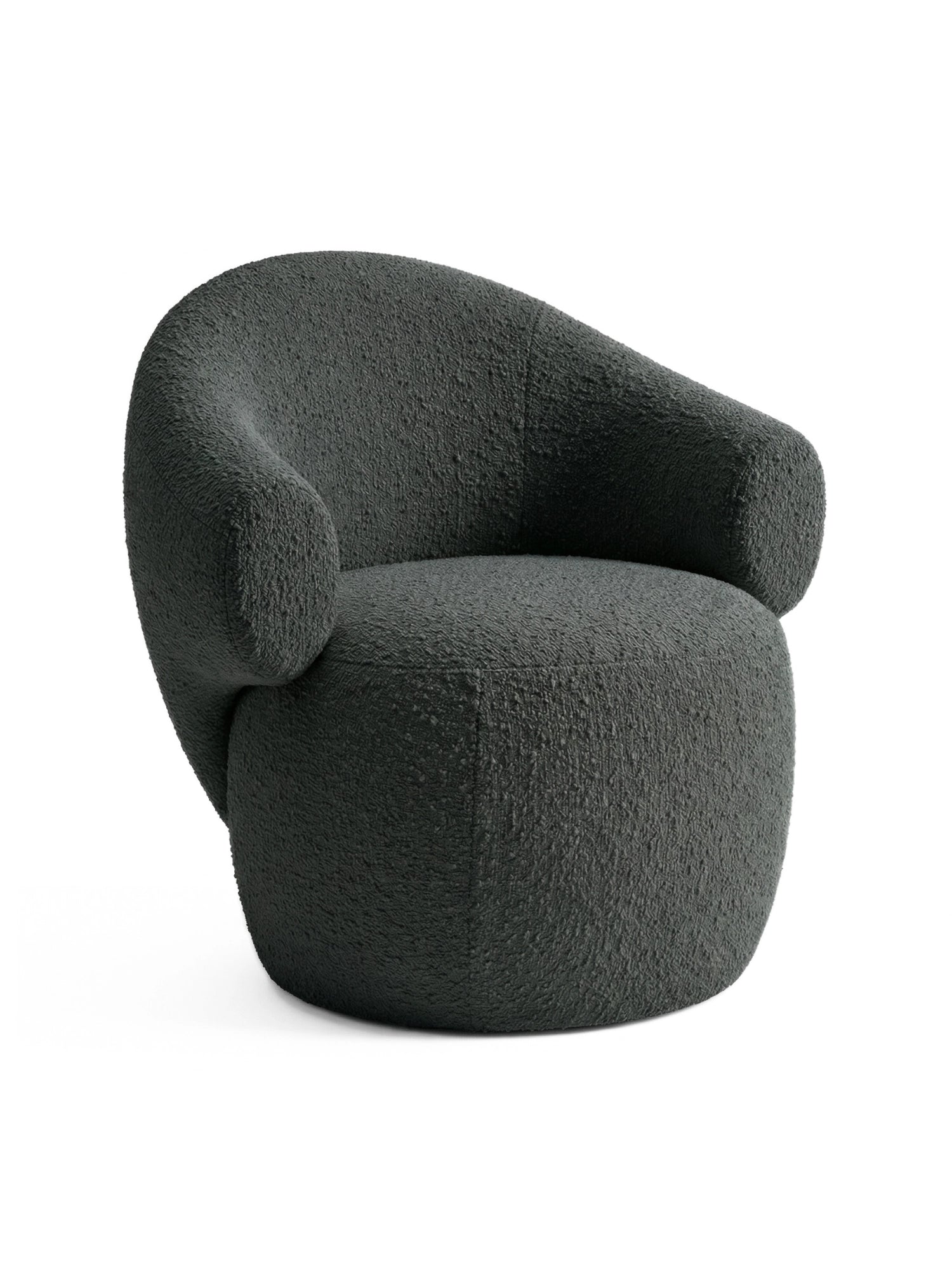 TAMO Conva Lounge Chair, a striking dark grey bouclé fabric lounge chair featuring plush, textured upholstery and a gracefully rounded, sculptural design with an inviting barrel silhouette. This organic modern accent chair offers deep comfort and contemporary style. Perfect for a minimalist living room, cozy reading nook, or chic bedroom accent.