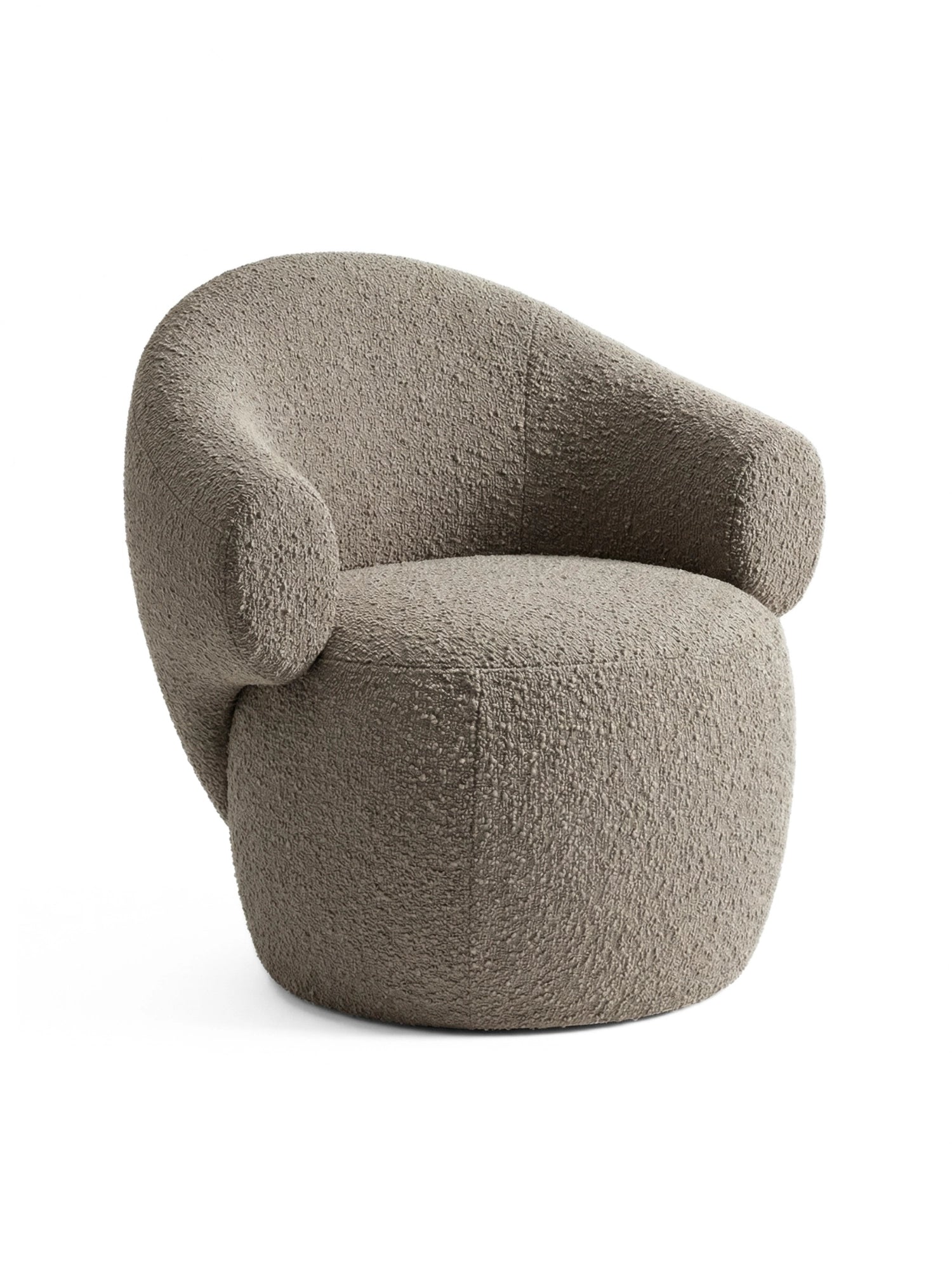 TAMO Conva Lounge Chair, a sculptural organic modern accent chair upholstered in a rich, textured warm taupe bouclé fabric with a soft, looped finish. Its inviting curved silhouette features a rounded back and a substantial barrel-shaped base, creating a contemporary and minimalist aesthetic. Ideal for adding cozy yet sophisticated seating to a modern living room, bedroom, or reading nook.