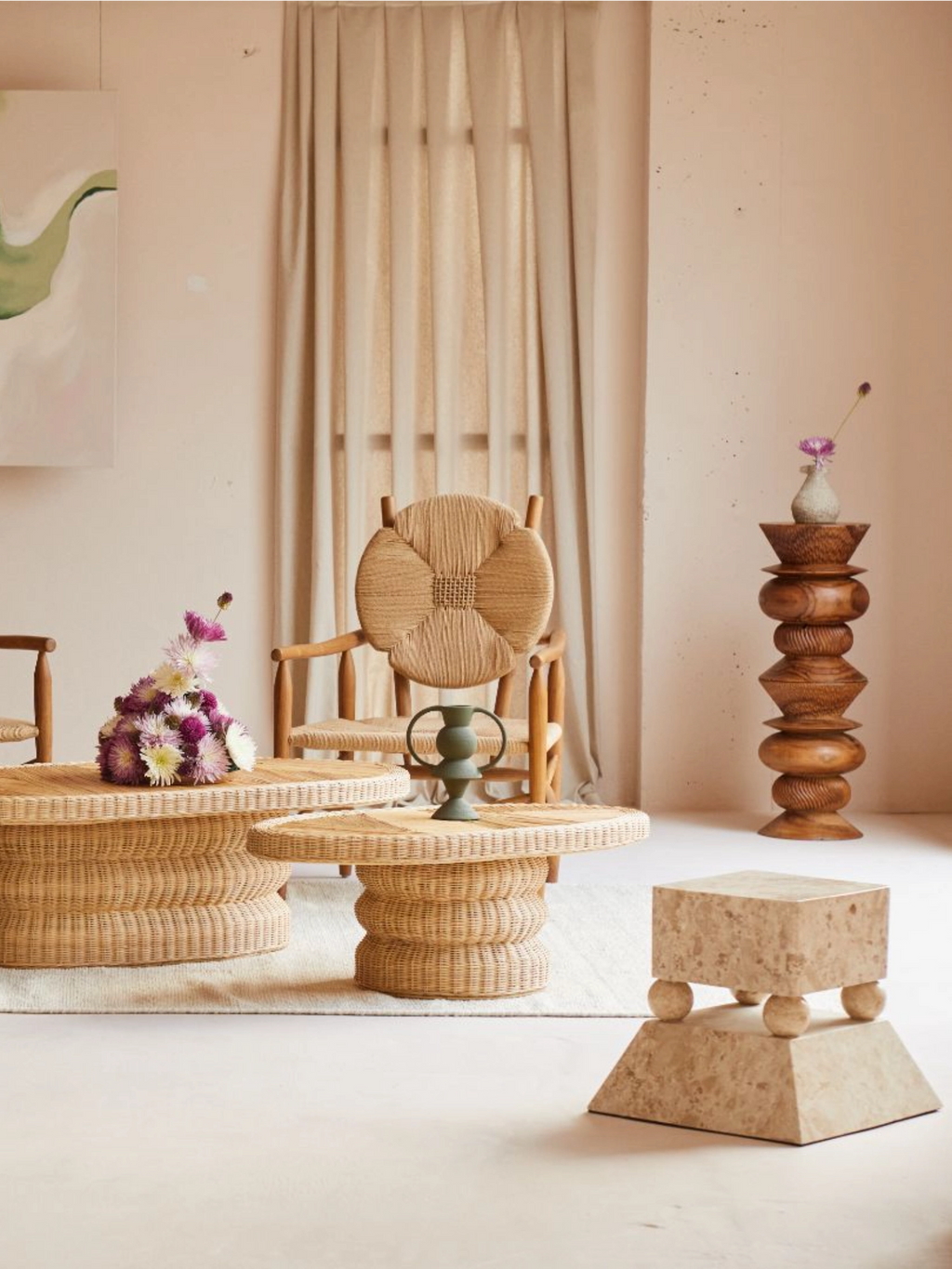 Heaps & Woods Eli Side Table, a sculptural organic modern accent table crafted from natural beige travertine stone with a distinctive geometric form. This minimalist design features a rectangular top, four spherical legs, and a wide trapezoidal base, showcasing the stone's unique porous texture and earthy tones. Ideal as a contemporary side table for living rooms, a chic bedroom accent, or brutalist-inspired entryways.