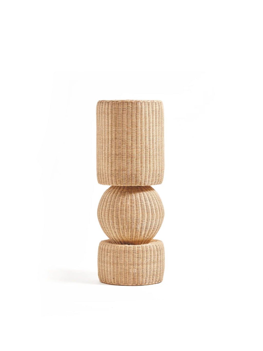 Heaps & Woods Luz Standing Lamp, an organic modern floor lamp crafted from natural woven rattan in stacked geometric shapes, featuring a cylindrical top, spherical middle, and cylindrical base, all in a warm light brown tone. This textured standing lamp is perfect for adding a bohemian or coastal touch to living rooms, bedrooms, or cozy reading nooks.