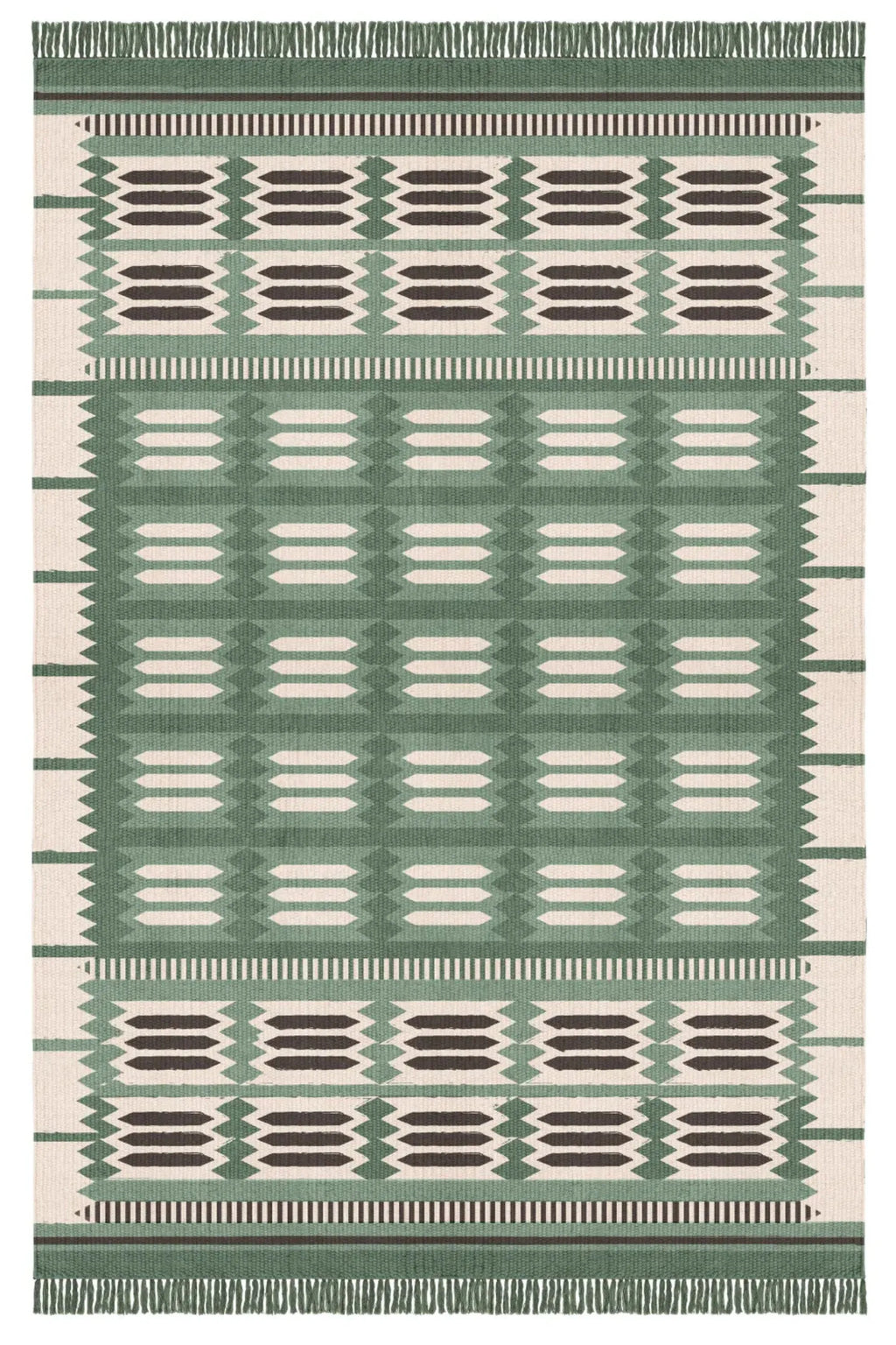 Layered Hilma Wool Rug, a green and off-white area rug with a geometric pattern and dark brown accents. Features horizontal stripes, zigzags, and stacked chevron shapes, with fringe on the short en...