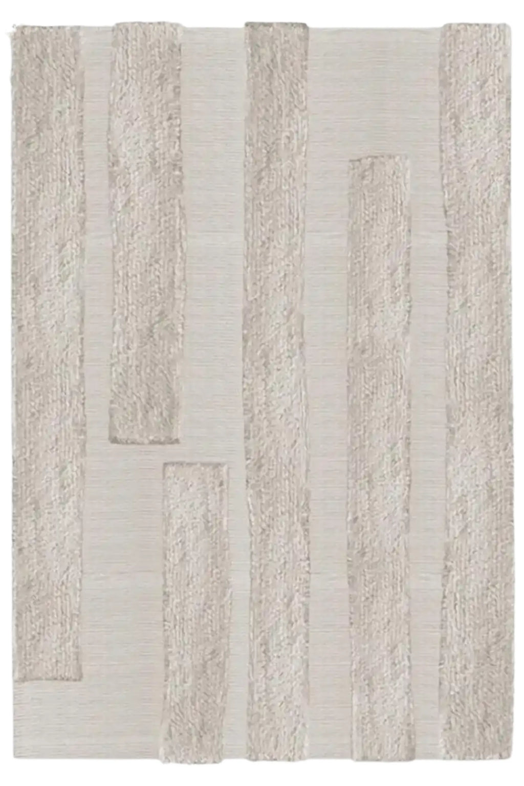 Layered Punja Bricks Wool Rug, a rectangular light beige and ivory modern area rug featuring raised textured stripes with a subtle brick-like pattern. Perfect for adding contemporary style and warm...