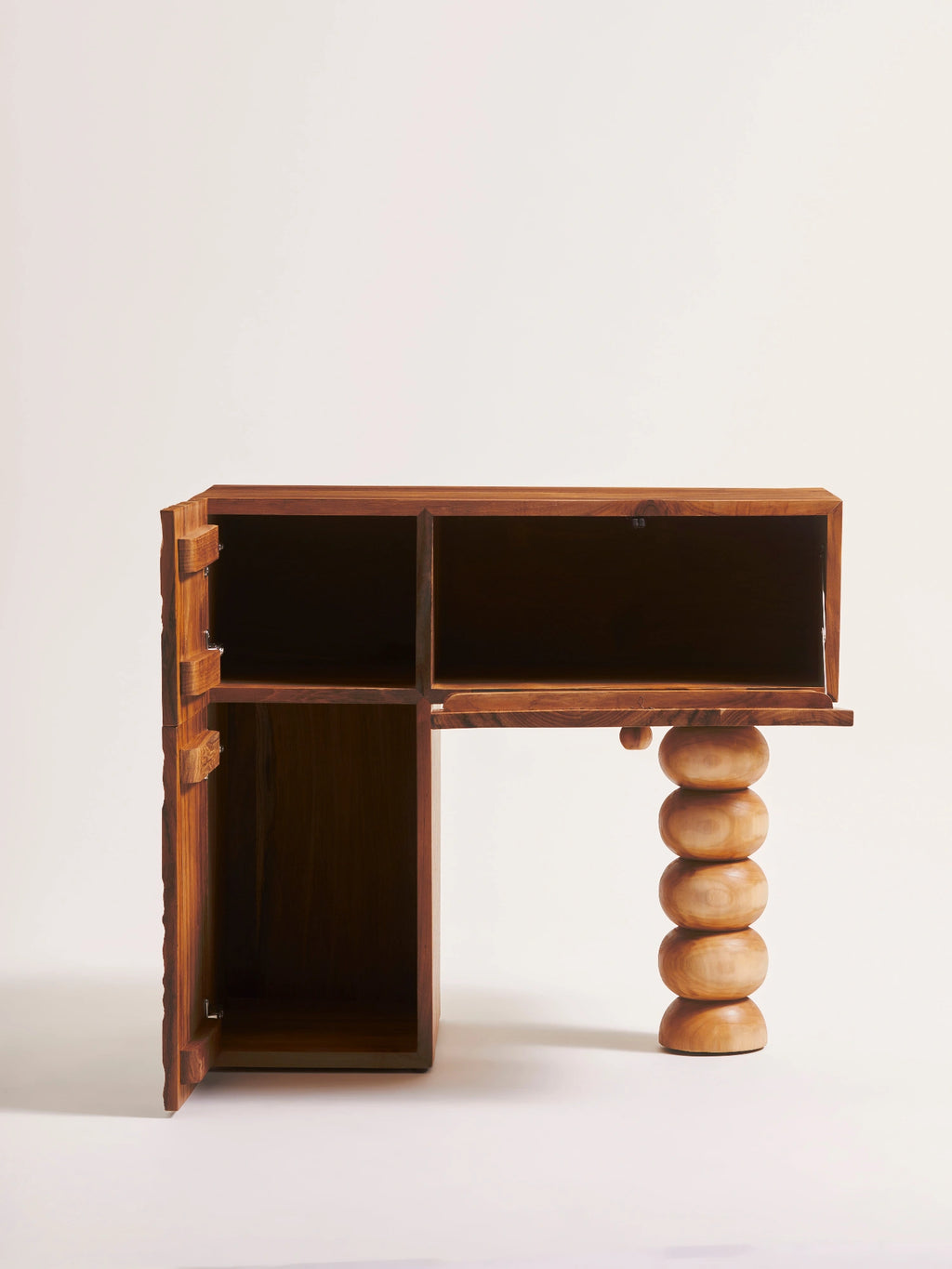 Heaps & Woods Cordelia 80 Console, an organic modern console table crafted from rich dark solid wood, featuring an asymmetrical design with open shelving, a spacious compartment, and a unique live.
