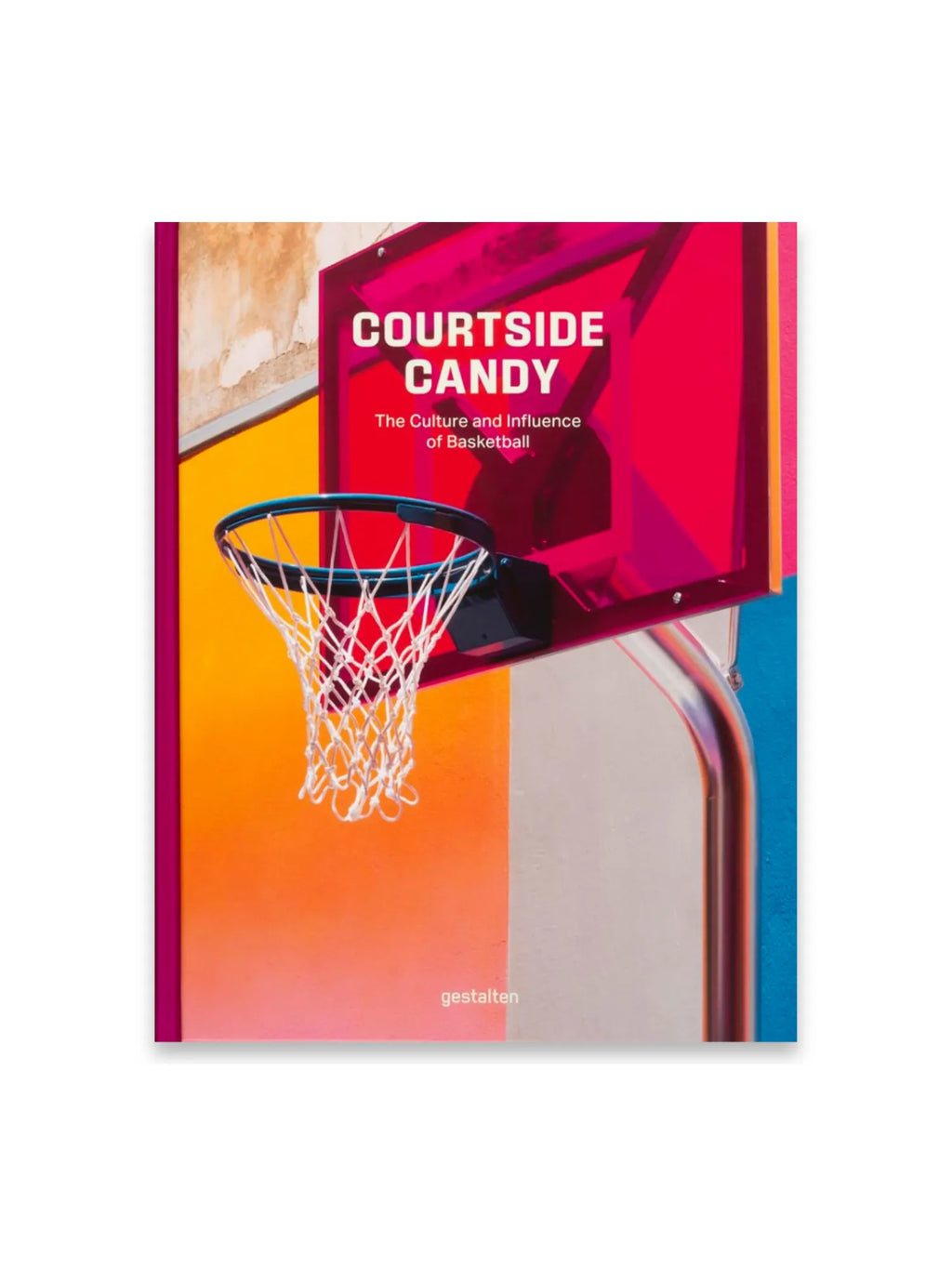 Book Courtside Candy, a vibrant paperback book featuring a bold red basketball backboard and hoop against a colorful gradient wall of orange, pink, and blue. This stylish book is perfect for basketball enthusiasts and fans of sports culture.