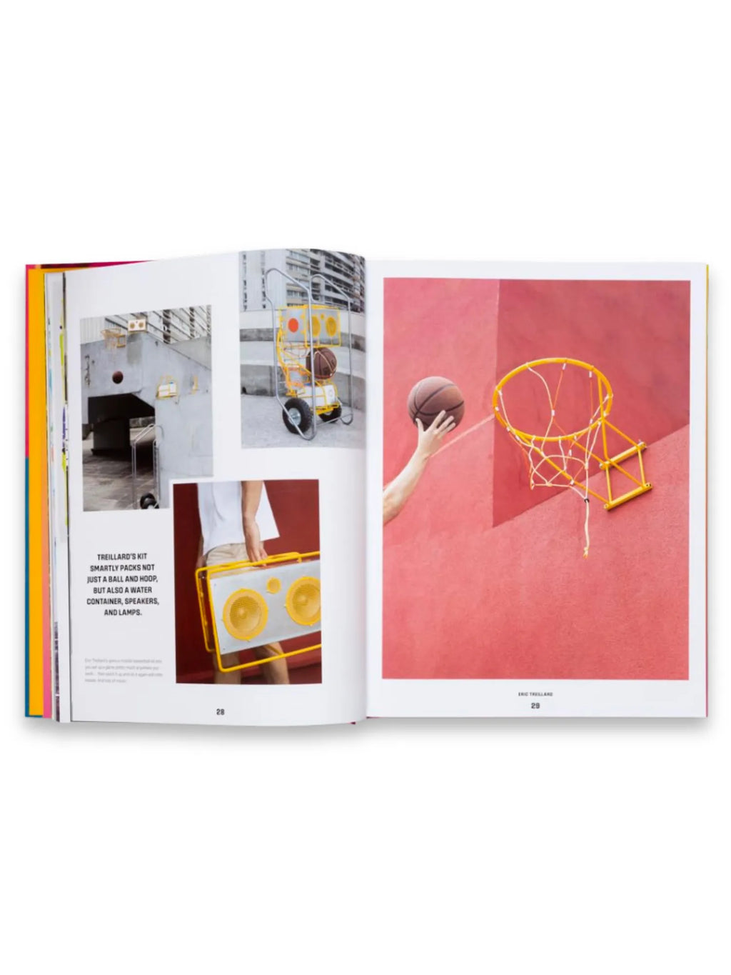 Book Courtside Candy, an open, vibrant art and design book showcasing colorful basketball-themed installations. One page features a yellow basketball hoop against a striking red wall, with a hand holding a brown basketball, while the opposite page displays conceptual basketball-inspired art, including a yellow boombox and a small cart. This visually engaging coffee table book is perfect for art enthusiasts, graphic designers, and sports fans seeking creative inspiration.