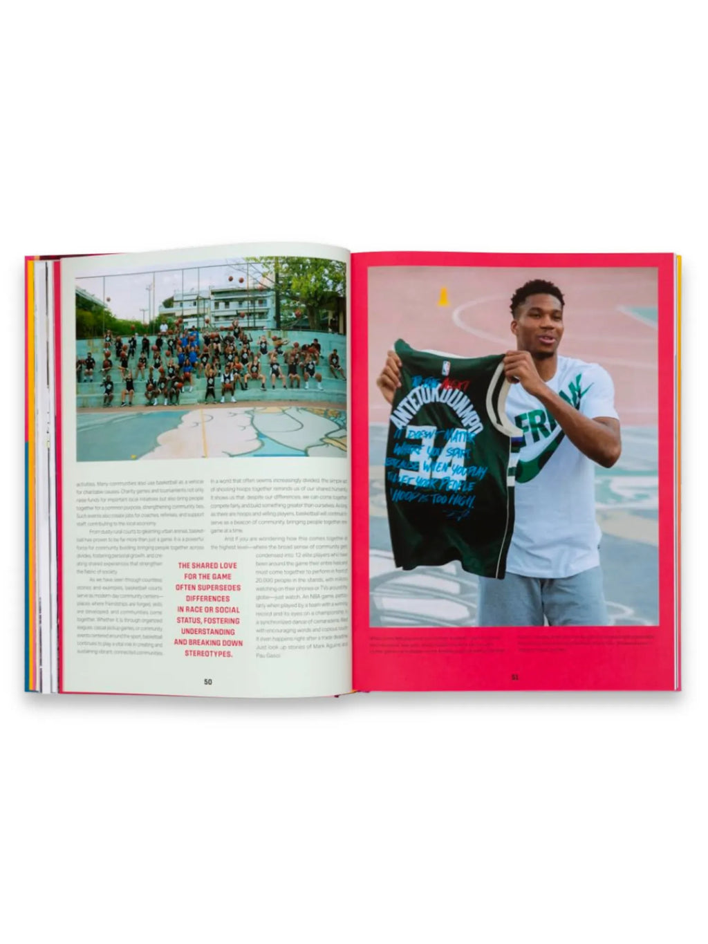 Book Courtside Candy, an open, colorful sports culture book featuring a left page with a dynamic photo of children playing basketball outdoors and a right page showing Giannis Antetokounmpo holding a green "Hoops is Too High" jersey. This engaging basketball book is perfect for sports enthusiasts and readers interested in community and the global impact of basketball.
