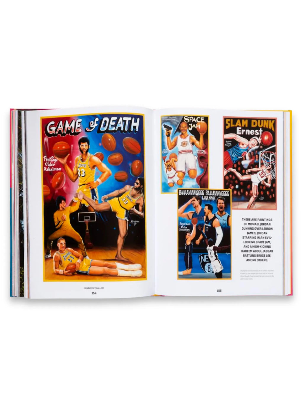 Book Courtside Candy, an open art book showcasing vibrant, humorous basketball-themed illustrations and paintings. This unique art book features dynamic sports artwork with a playful, pop culture twist. It's an excellent coffee table book for basketball fans, art enthusiasts, and collectors of unique sports memorabilia.