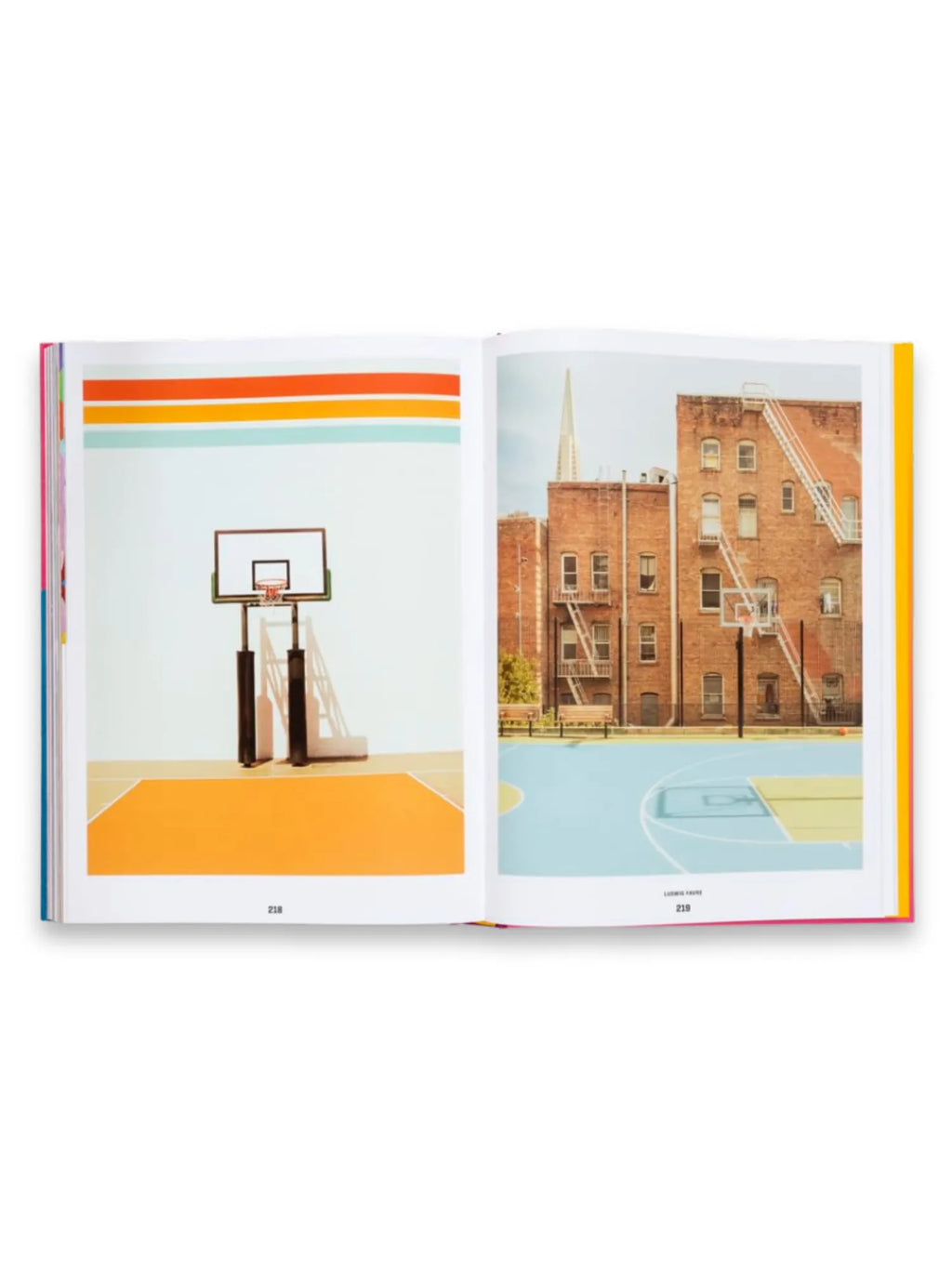 Book Courtside Candy, an open visual art book showcasing vivid, colorful photographs of urban basketball courts. This striking photography book provides creative inspiration for art lovers and sports enthusiasts alike.