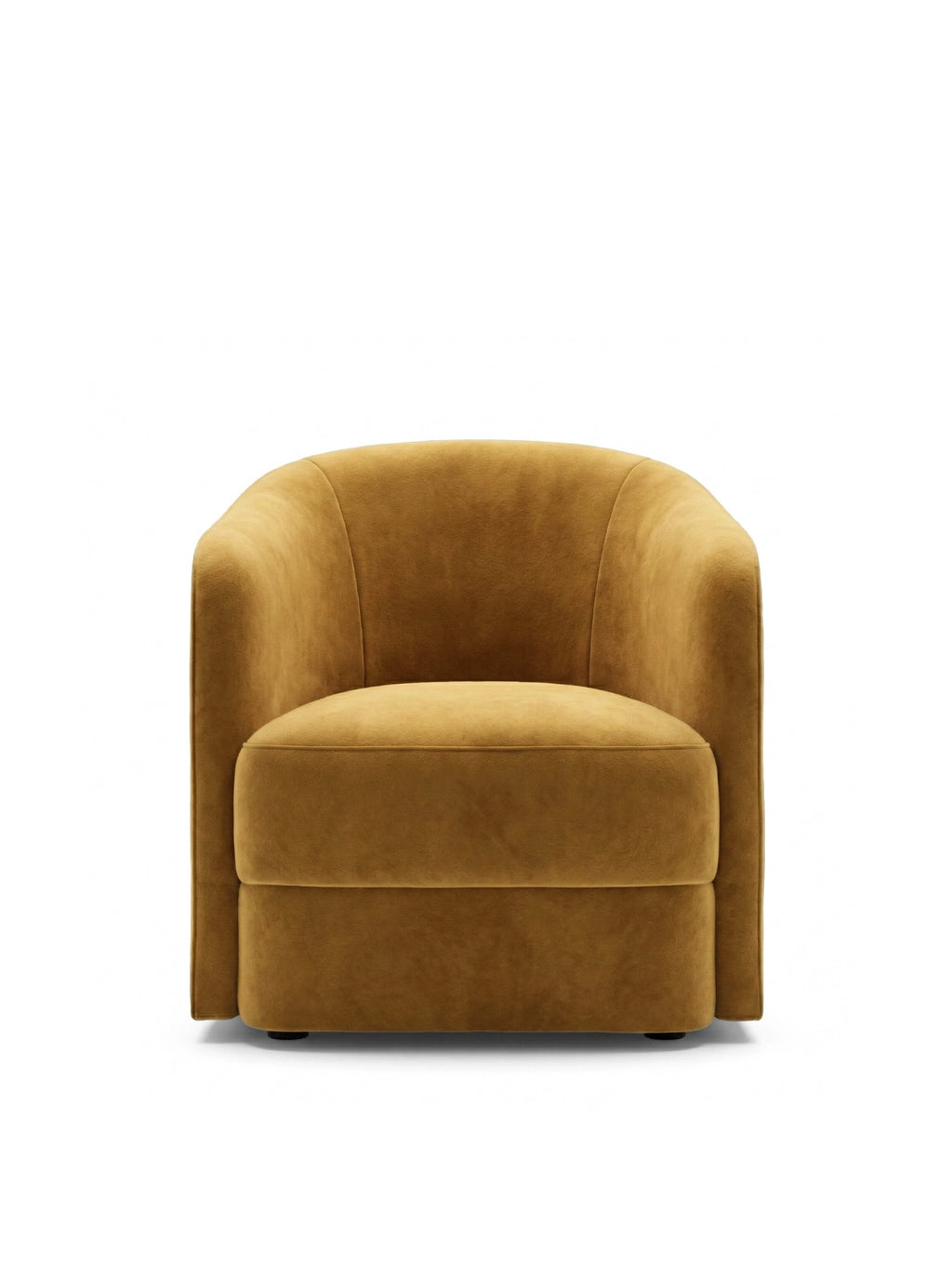 New Works Covent Lounge Chair - Narrow: Front view of the premium mustard yellow velvet upholstered armchair with curved back and subtle seams, displayed on a white background. Ideal for modern living spaces.
