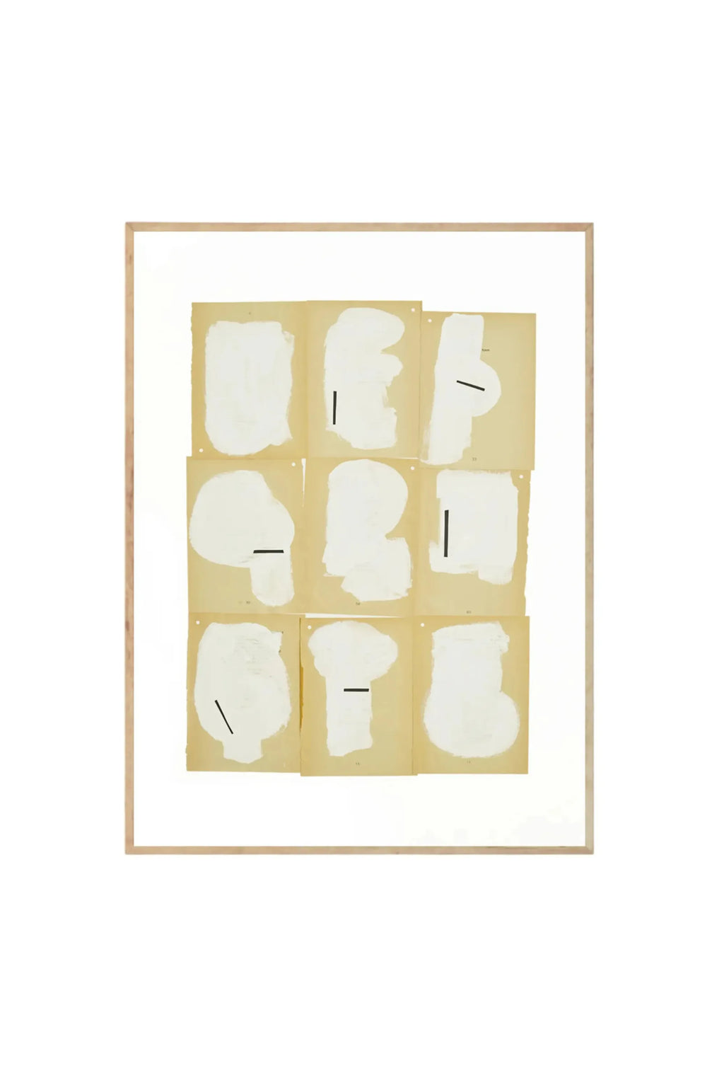 The Poster Club Cover - Art Print, featuring nine vintage-style paper squares with organic white paint swatches and subtle black line accents, framed in natural light wood. This modern abstract wall art is perfect for contemporary decor enthusiasts seeking unique gallery prints.