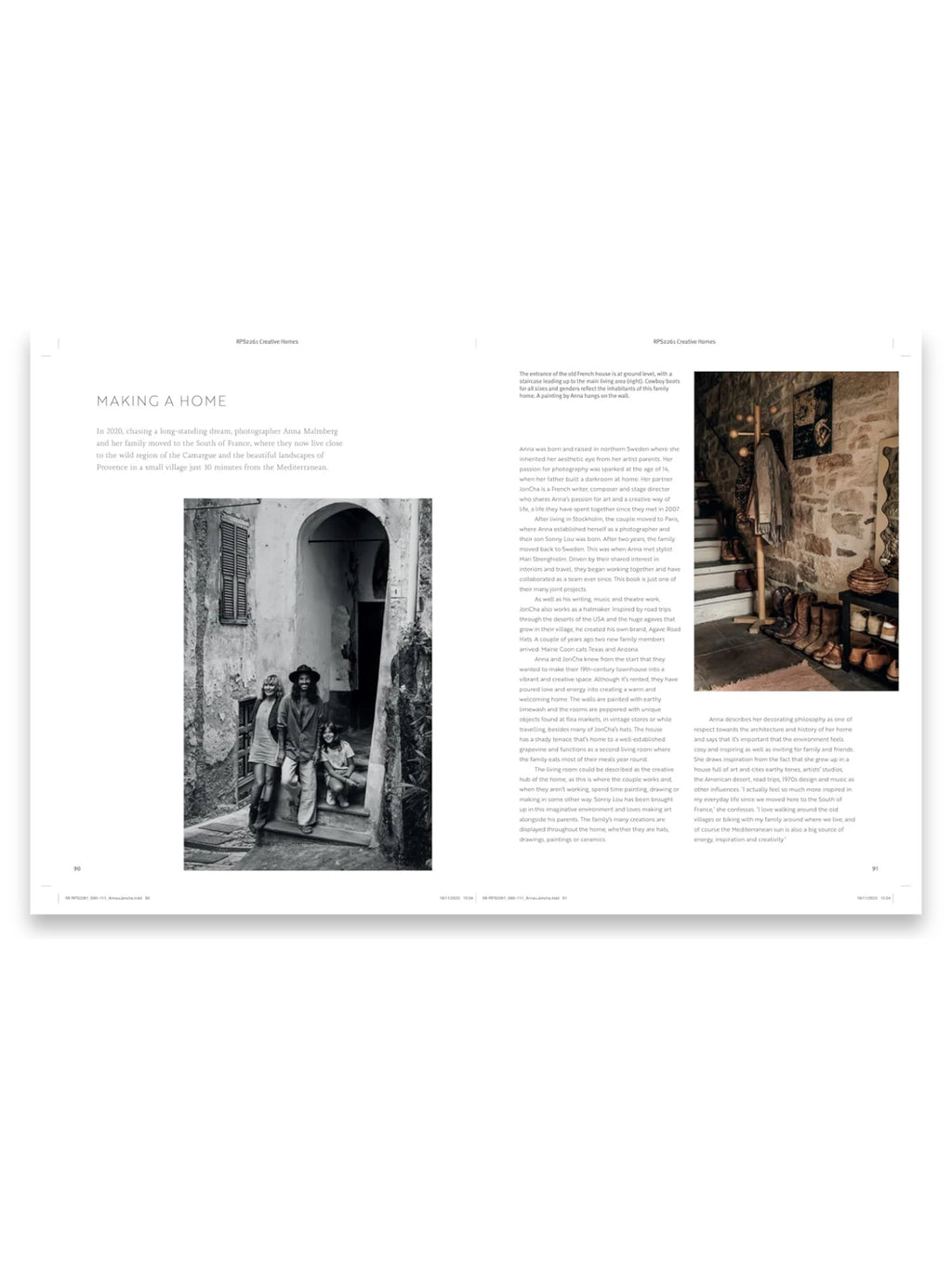 Book Creative Homes, an open interior design book featuring a black and white photo of a family on stone steps and a color photo of a rustic entryway with cowboy boots. This premium book offers creative home decor ideas and inspiration for design enthusiasts and homeowners.