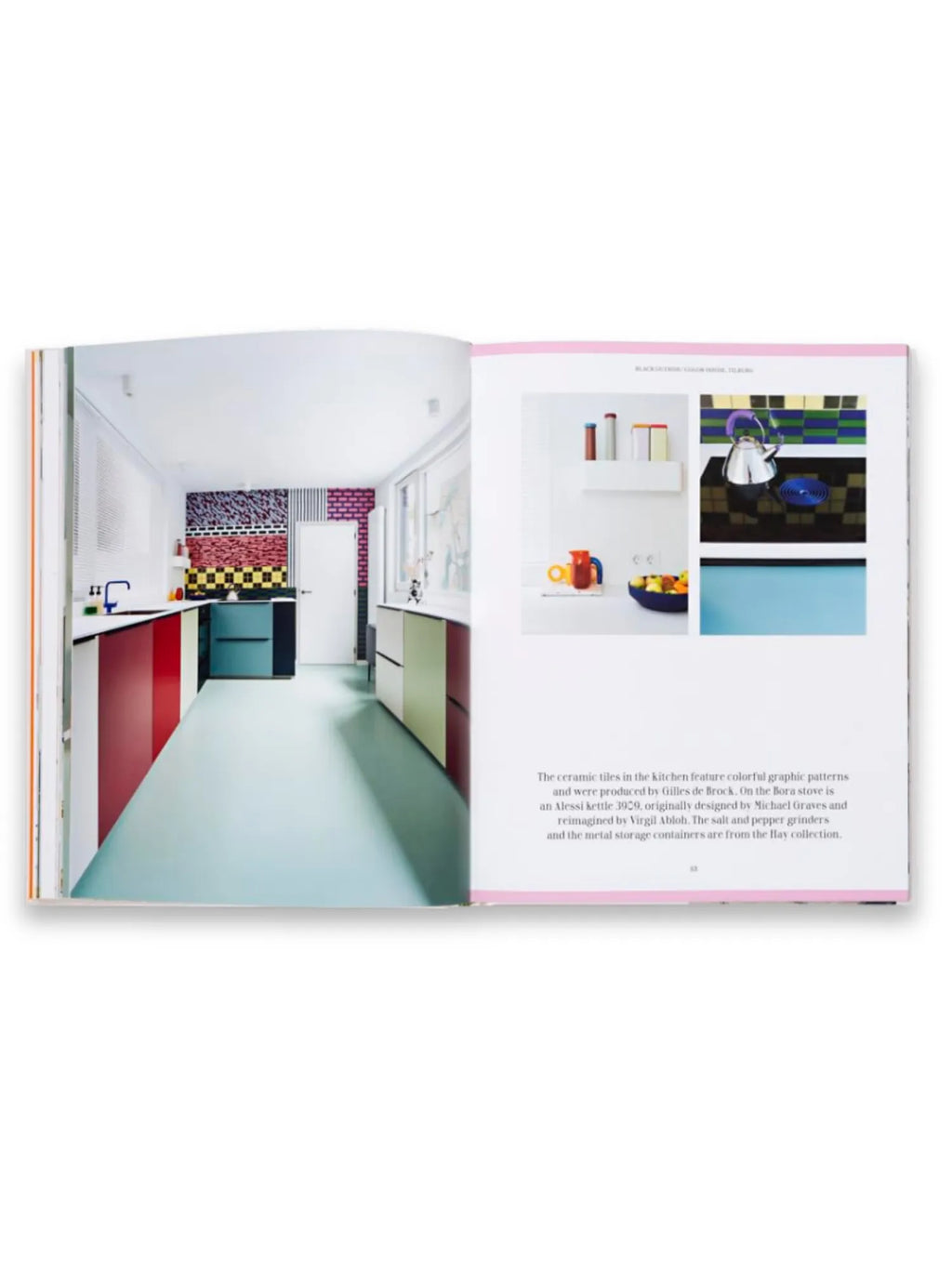 Book Creative Homes Netherlands, an opened interior design book displaying a vibrant kitchen with colorful graphic tiles, red and teal cabinets, and a mint green floor, alongside detailed close-ups of a shiny Alessi kettle and decorative kitchen items. This inspiring coffee table book is perfect for interior design enthusiasts and homeowners seeking modern and bold home decor ideas.