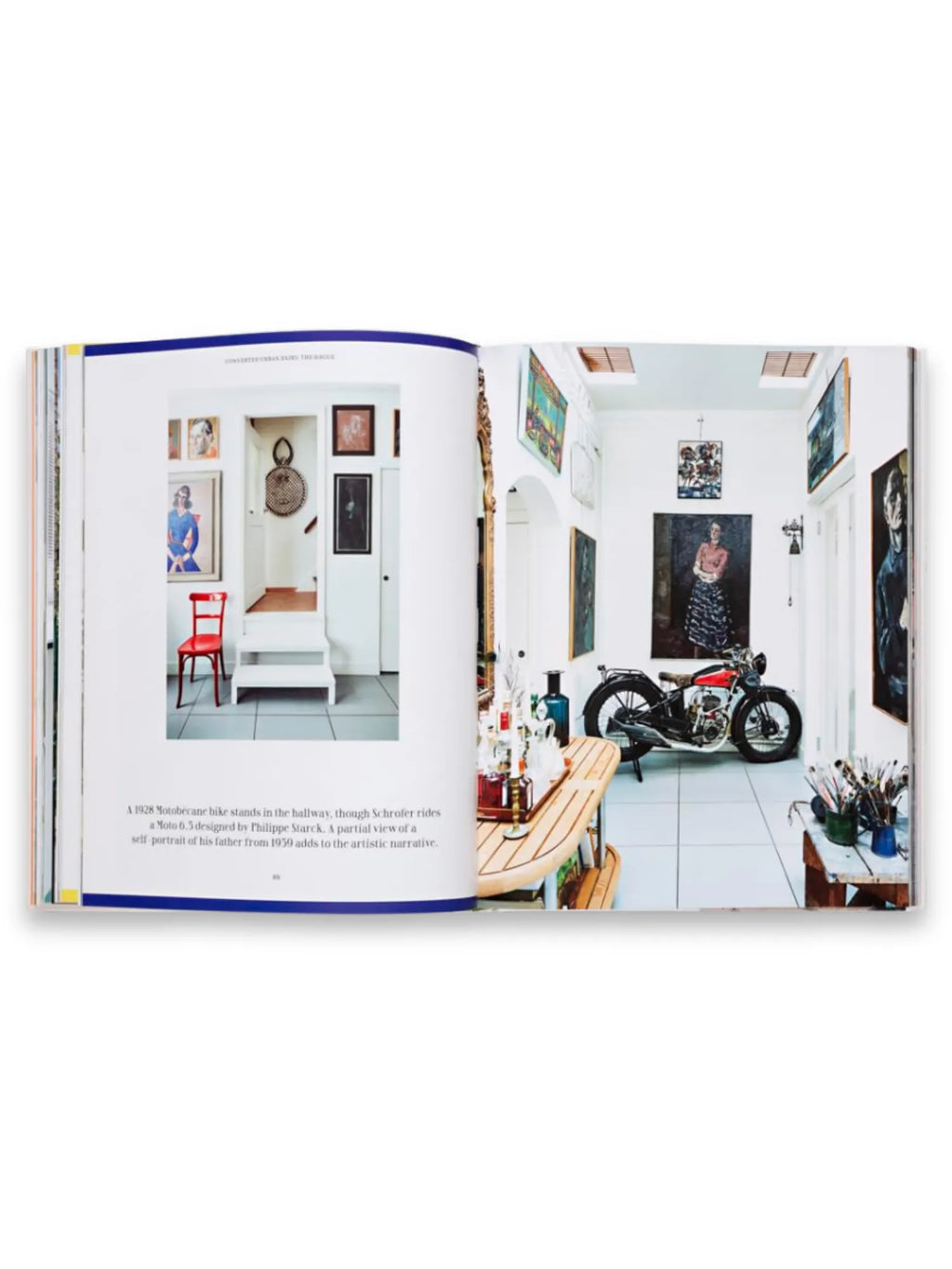 Book Creative Homes Netherlands, showcasing an open spread with vibrant interior photography of a uniquely decorated hallway featuring a vintage red and black motorcycle, various framed artworks, and a bright red chair, embodying eclectic home decor. This inspiring coffee table book is perfect for interior design enthusiasts and those seeking creative living space ideas.