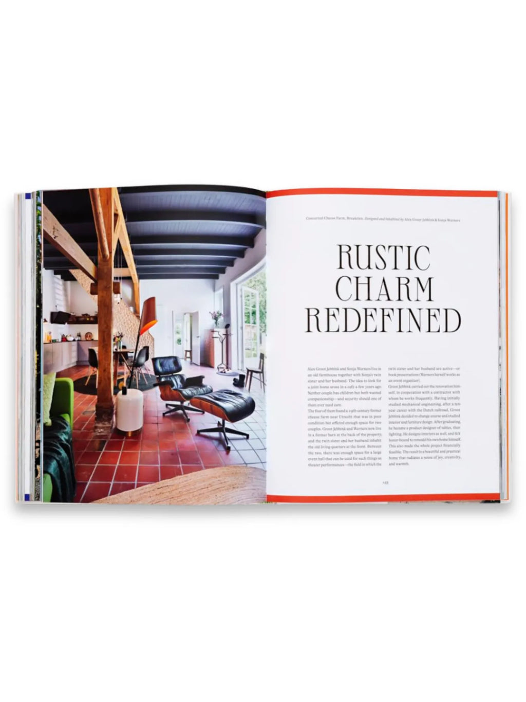 Book Creative Homes Netherlands, showcasing a richly illustrated spread of a modern rustic interior with terracotta floor tiles, exposed wooden beams, and a black leather lounge chair. This design book is perfect for interior design enthusiasts and homeowners seeking stylish home inspiration.
