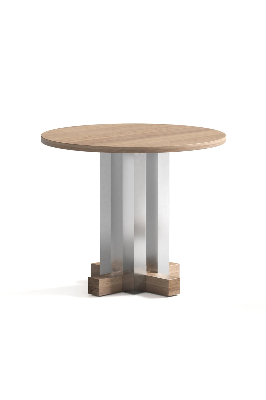 TAMO Cruz Round Table featuring a natural light brown wood grain round top, supported by a unique chrome metal and wood cross-base. A premium, modern dining table.