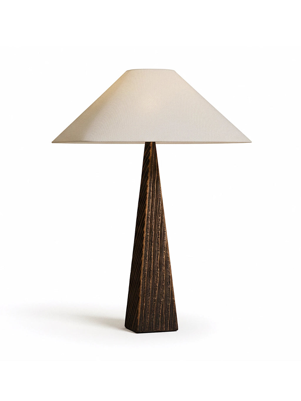 CTO Lighting Cubist Table Lamp, a striking modern table lamp featuring a dark brown textured wood base with a tapering, faceted geometric silhouette and a wide, flat cream fabric shade.