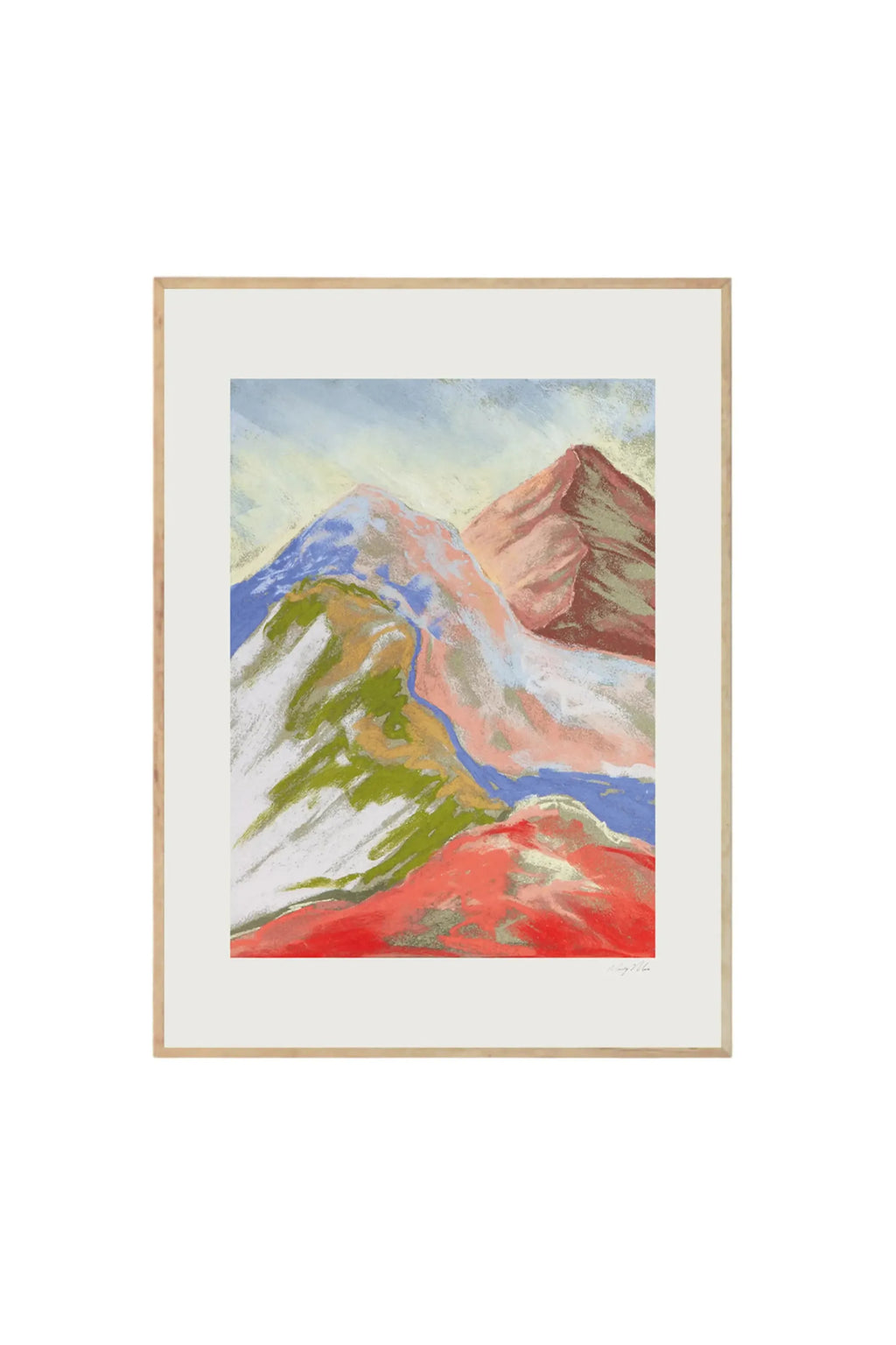 The Poster Club Cuillin Ridge II - Art Print, a colorful abstract mountain landscape poster with a natural light wood frame and white mat. This premium framed art print is perfect for modern home decor enthusiasts seeking stylish wall art.