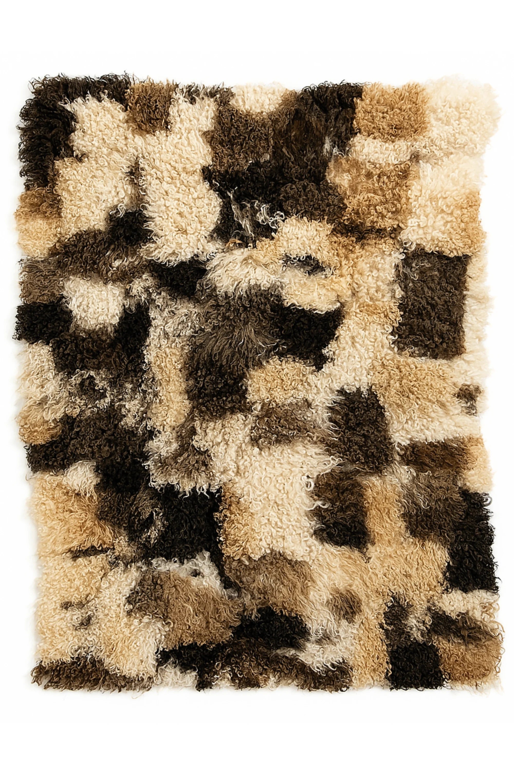 Checkered patterned rug with brown, beige, and black squares on a white background