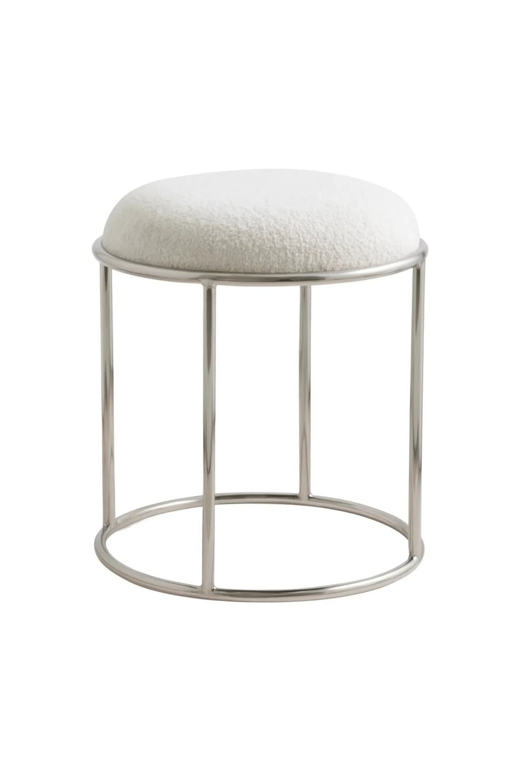 Nordal Komati Stool, a sleek contemporary accent stool featuring a plush round seat upholstered in soft white bouclé fabric, resting on a polished chrome metal frame with a clean cylindrical base and sturdy vertical supports. Perfect as a modern vanity stool for a bedroom, stylish occasional seating in a living room, or glam entryway furniture.