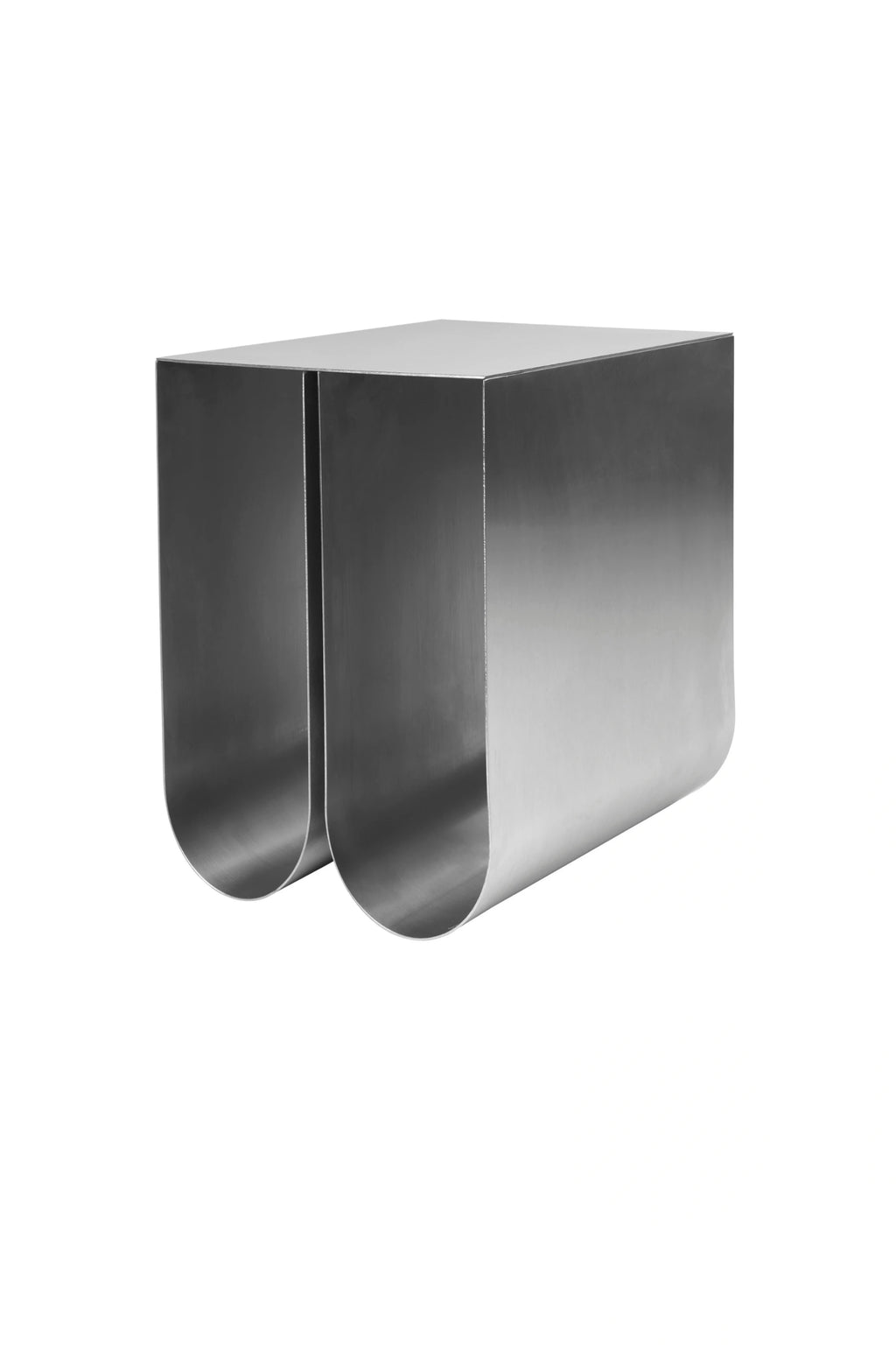 Kristina Dam Curved Side Table, a modern and elegant side table crafted from brushed aluminum with a sleek, contemporary design. This durable and stylish piece is perfect for adding a touch of luxury to contemporary living spaces for design-conscious individuals.