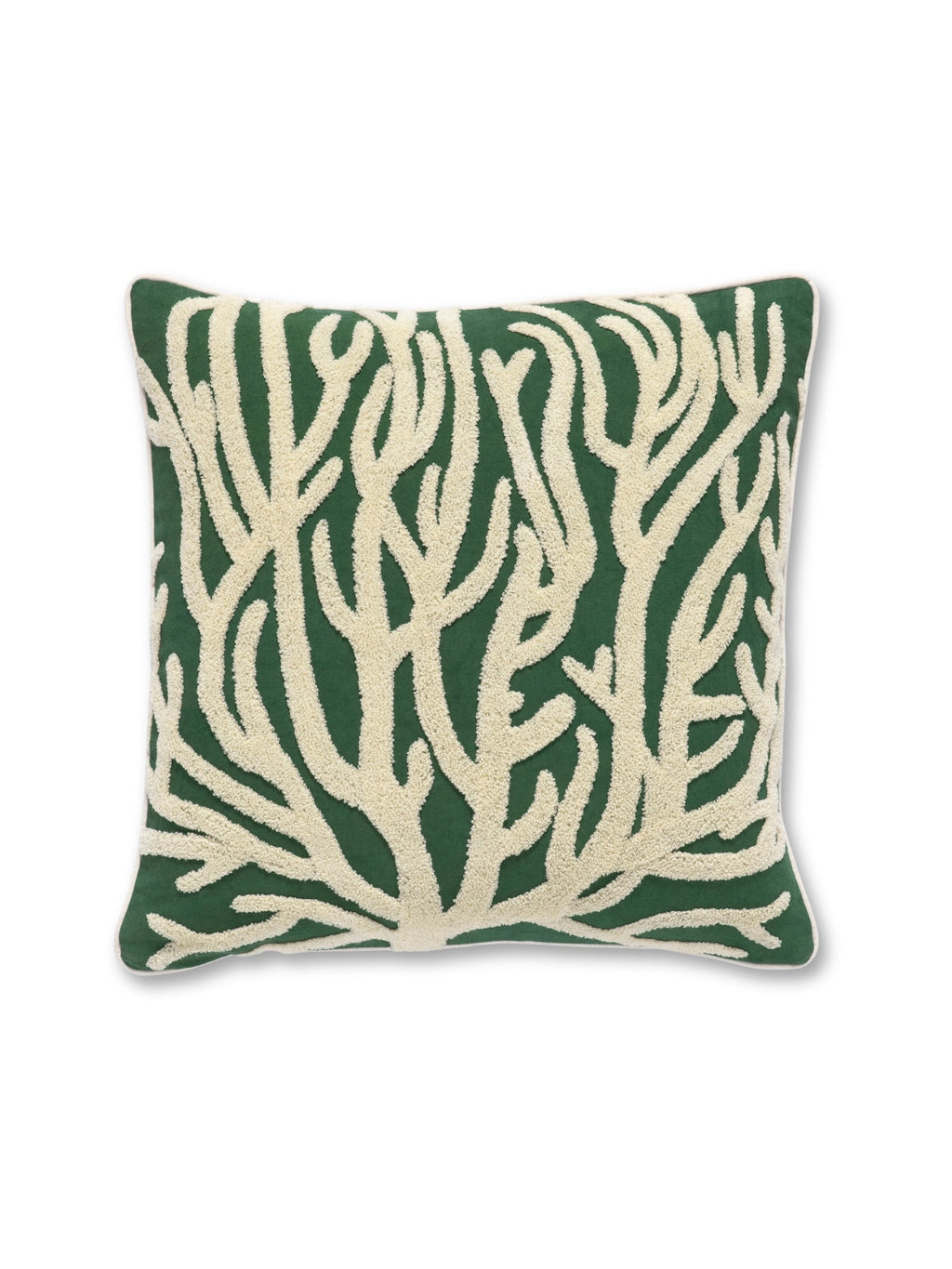 Palais Lauren Throw Pillow, a rectangular dark green accent pillow featuring a raised cream-colored tufted coral embroidery design, creating a rich textural contrast. This nature-inspired cushion with its organic coral pattern and piped edges is perfect for coastal living room decor, beach house bedrooms, or adding a tropical touch to modern bohemian spaces.