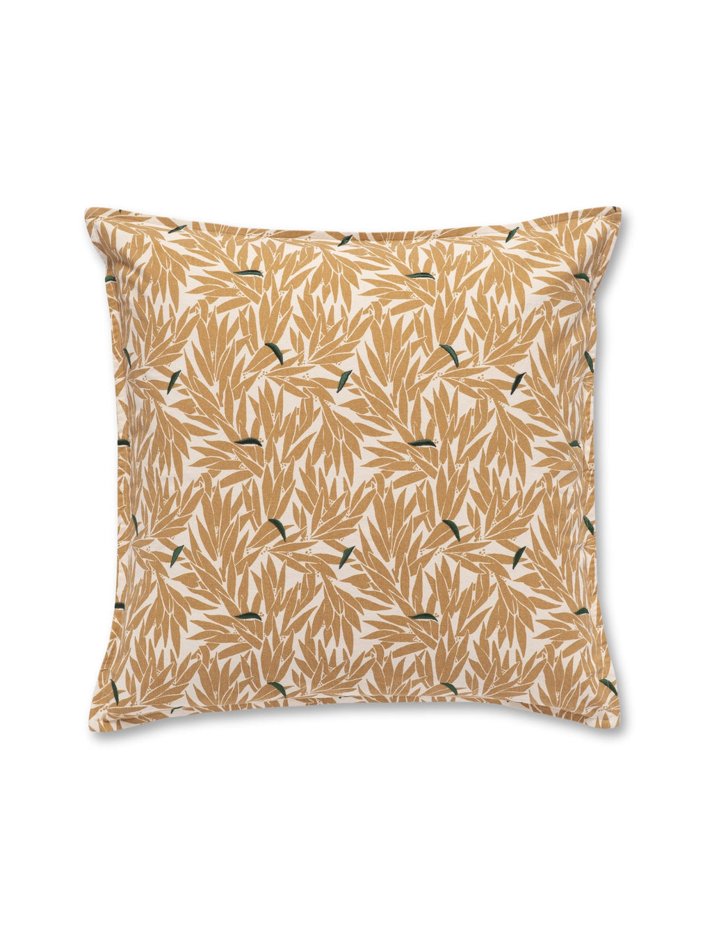 Palais Yoko Throw Pillow, a rectangular decorative cushion featuring a dense botanical leaf pattern in warm ochre and mustard tones, set against a natural cream background with subtle dark green accents. This contemporary fabric throw pillow offers an organic, natural style. Ideal for adding a touch of nature-inspired elegance to living room sofas, armchairs, or as a bedroom accent.