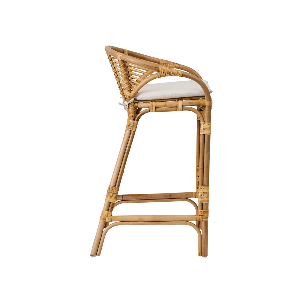 Dola Rattan Barstool - Set of 2 in Natural Finish, ideal for indoor or outdoor use, with comfortable cushioned seats and sturdy rattan construction
