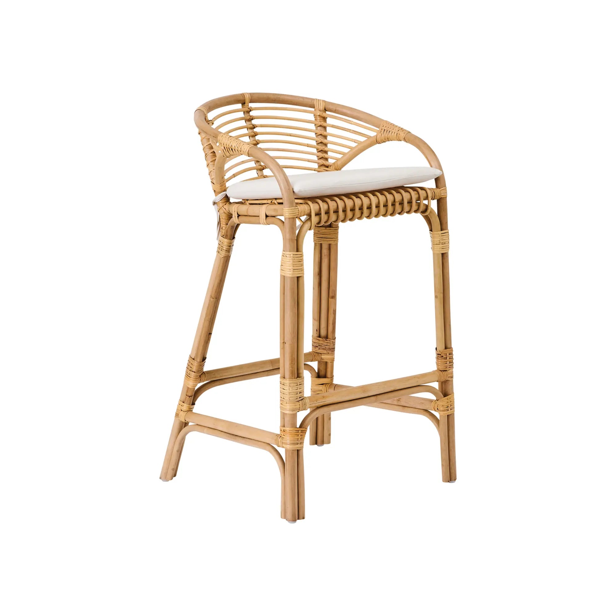 Dola Rattan Barstool - Set of 2 in natural finish, with backrest and cushioned seat