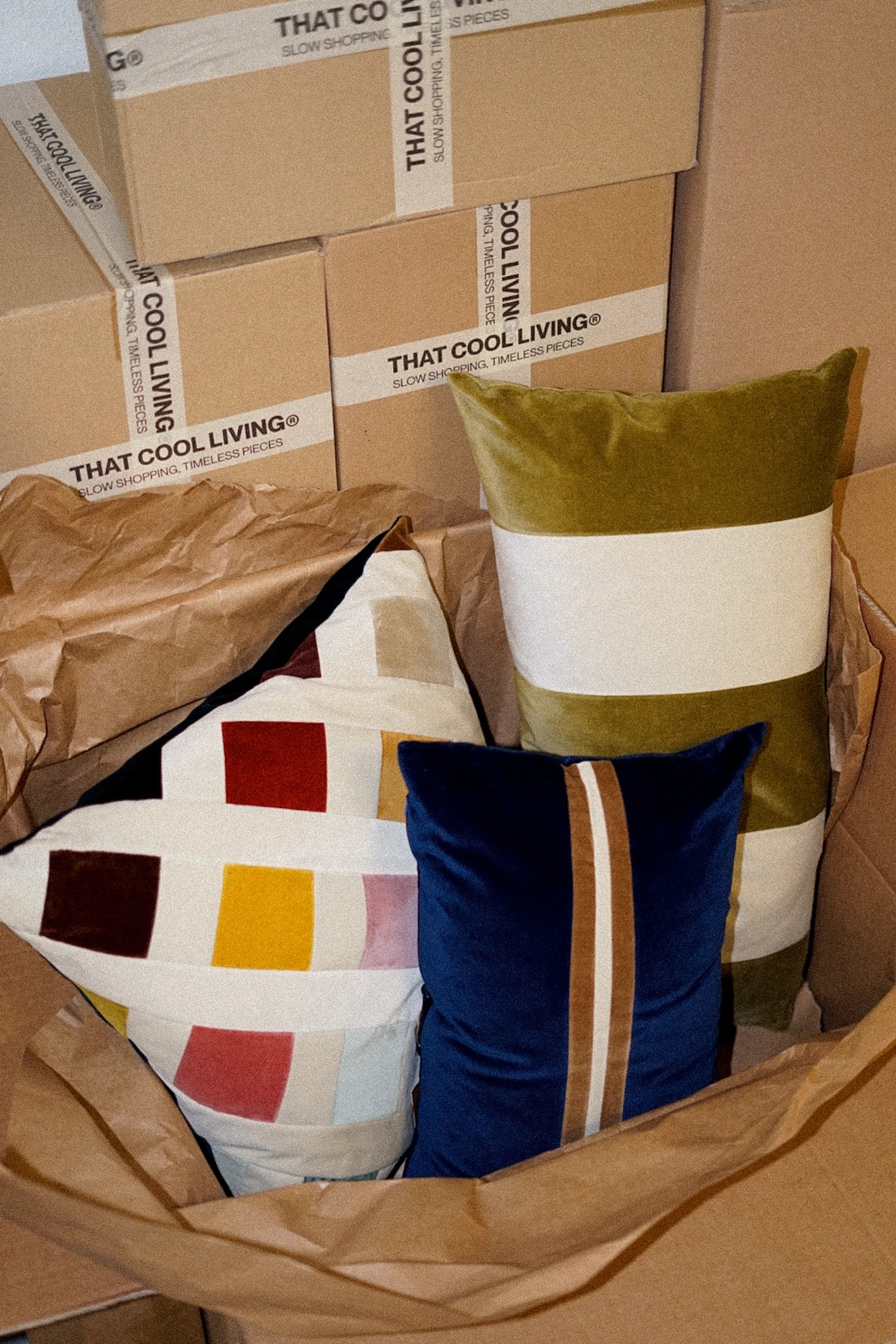 Colorful pillows in a box with 'That Cool Living' branded boxes in the background.