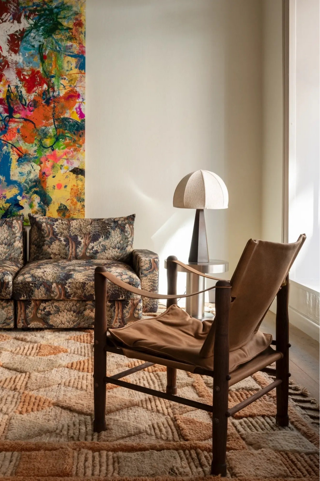 Vintage Safari Chair in distressed brown leather and brass frame