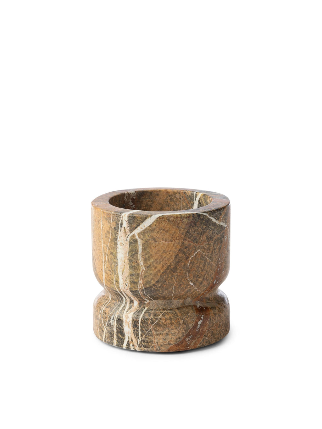 Tinted Objects Dahl Bowl, a unique decorative bowl crafted from natural brown and beige marble with prominent white and dark brown veining. This elegant stone bowl is perfect for adding a touch of modern luxury to any home decor, ideal for interior design enthusiasts.