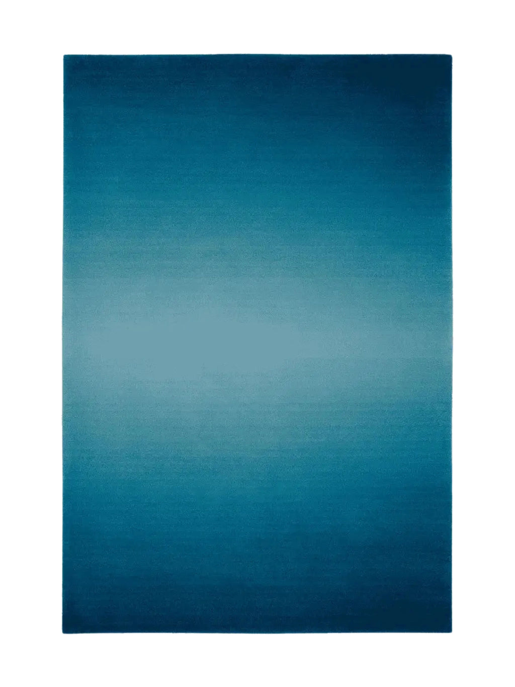 alp_ Degradé Double Rug, a modern rectangular area rug featuring a striking ombre blue gradient design, transitioning smoothly from a deep teal at the top and bottom edges to a lighter aqua blue in the center. This plush, soft-pile rug offers a subtle texture and a contemporary minimalist aesthetic. Perfect for adding a calming color statement to a living room, bedroom, or contemporary office space.