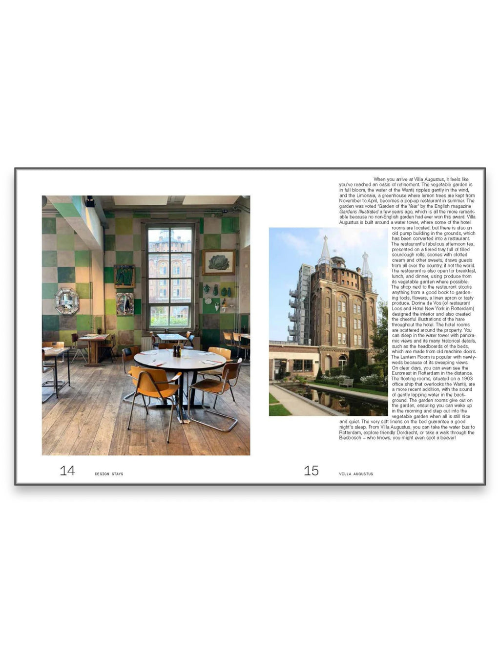 Book Design Stays, showcasing a vibrant restaurant interior with checkered green and beige walls, rustic wooden floors, and mid-century modern chairs surrounding white-topped tables. This stylish book provides inspiration for unique travel accommodations and is perfect for design enthusiasts and discerning travelers.