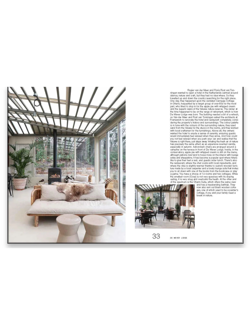 Book Design Stays, showcasing a modern conservatory interior with a light wood daybed featuring neutral cushions and a fluffy sheepskin throw, alongside two light beige ceramic stools and a black wood-burning stove. This inspirational lifestyle book is perfect for interior design enthusiasts seeking stylish and serene home decor ideas.
