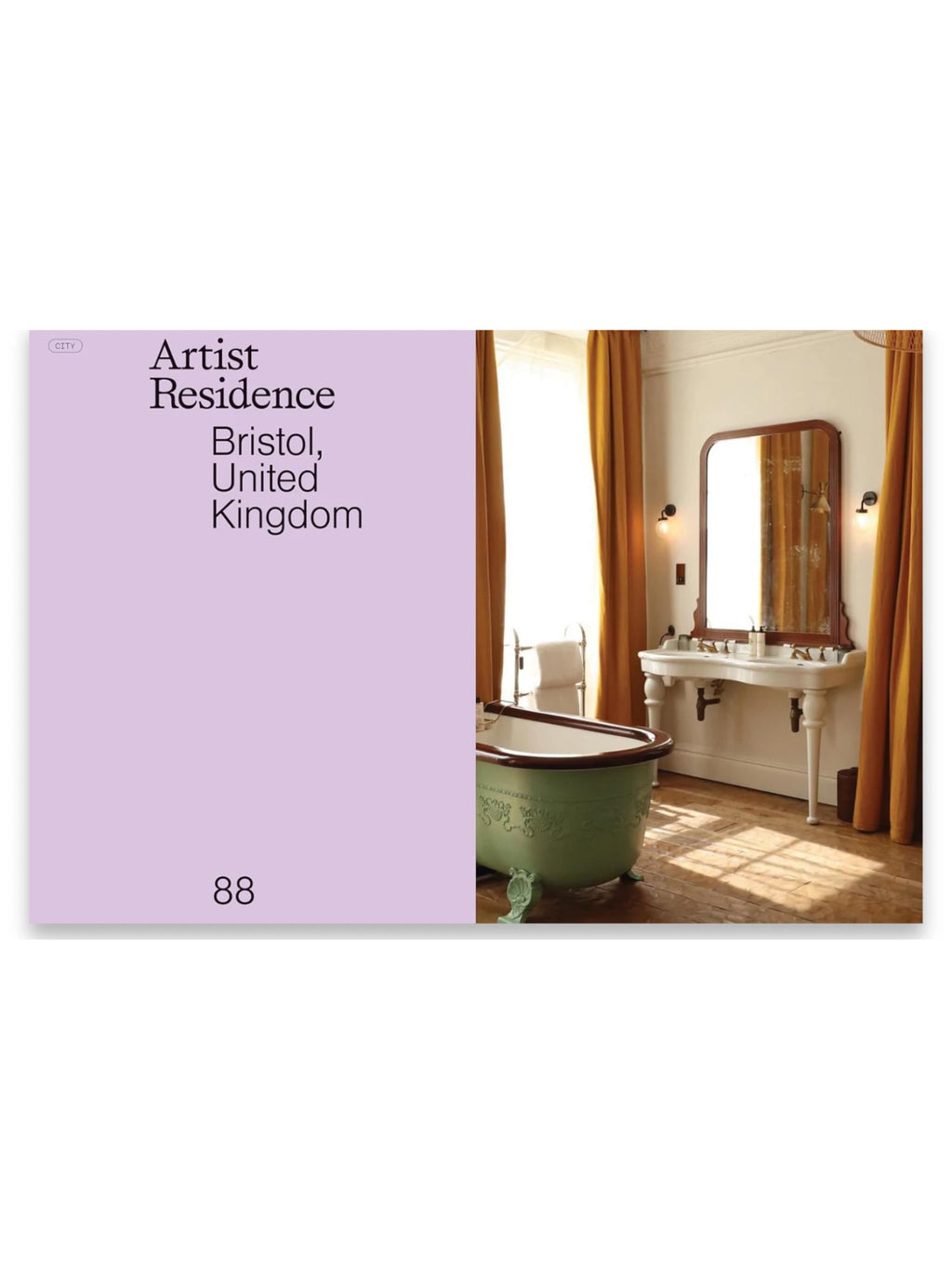 Book Design Stays, showcasing a page with "Artist Residence Bristol, United Kingdom" text on a lavender background next to a luxurious bathroom interior featuring a vintage green clawfoot tub, elegant wood-framed mirror, and golden curtains. This premium travel design book is ideal for inspiring interior design enthusiasts and luxury travelers.