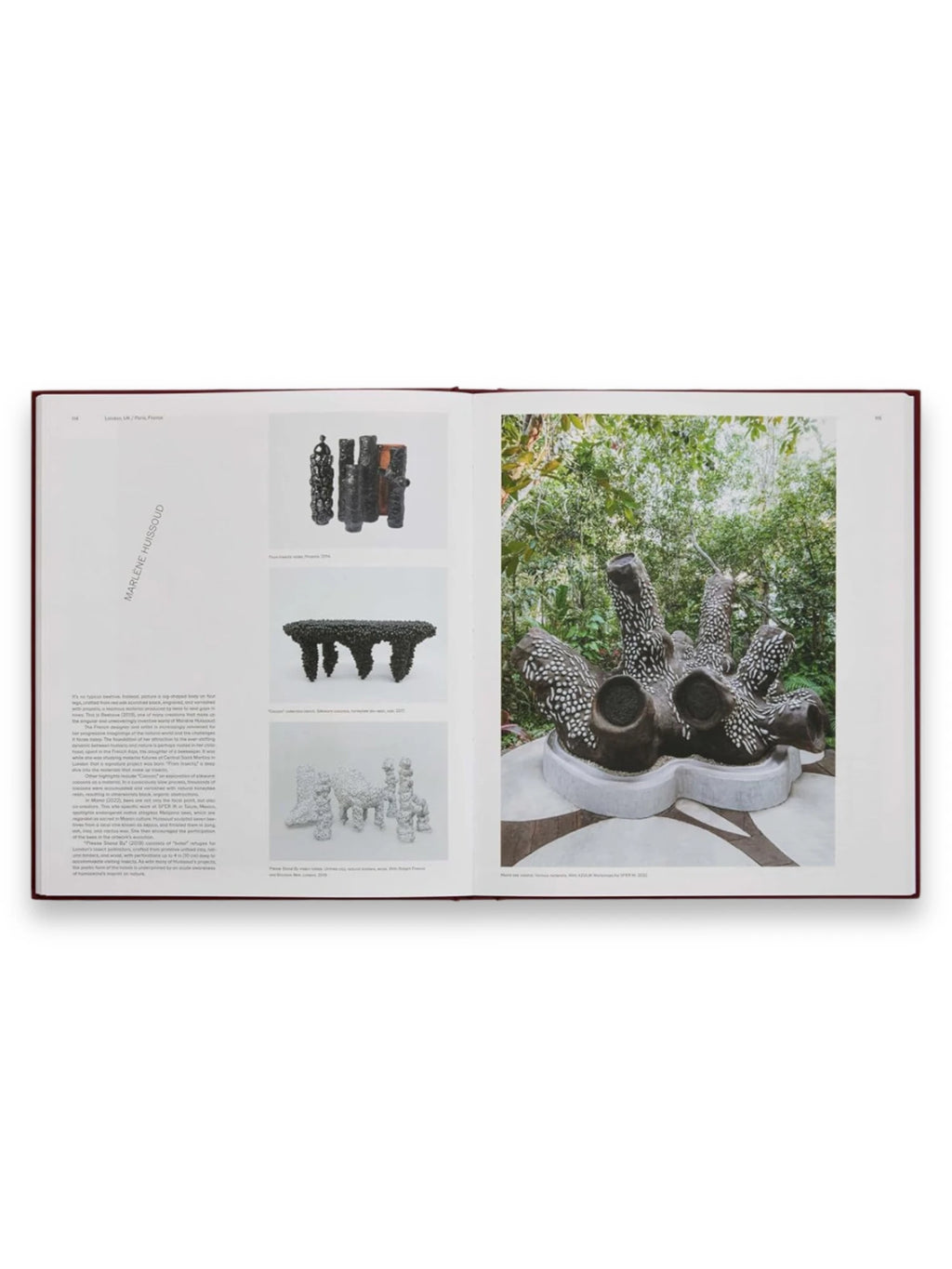 Book Designed for Life, an open art publication featuring "Marlene Huissoud" with detailed images of her organic, textured sculptures in black and white, and a large, multi-limbed outdoor piece with white dotted patterns set in a lush green environment. This premium art book is perfect for art enthusiasts, collectors, and design students interested in contemporary sculpture and artistic processes.