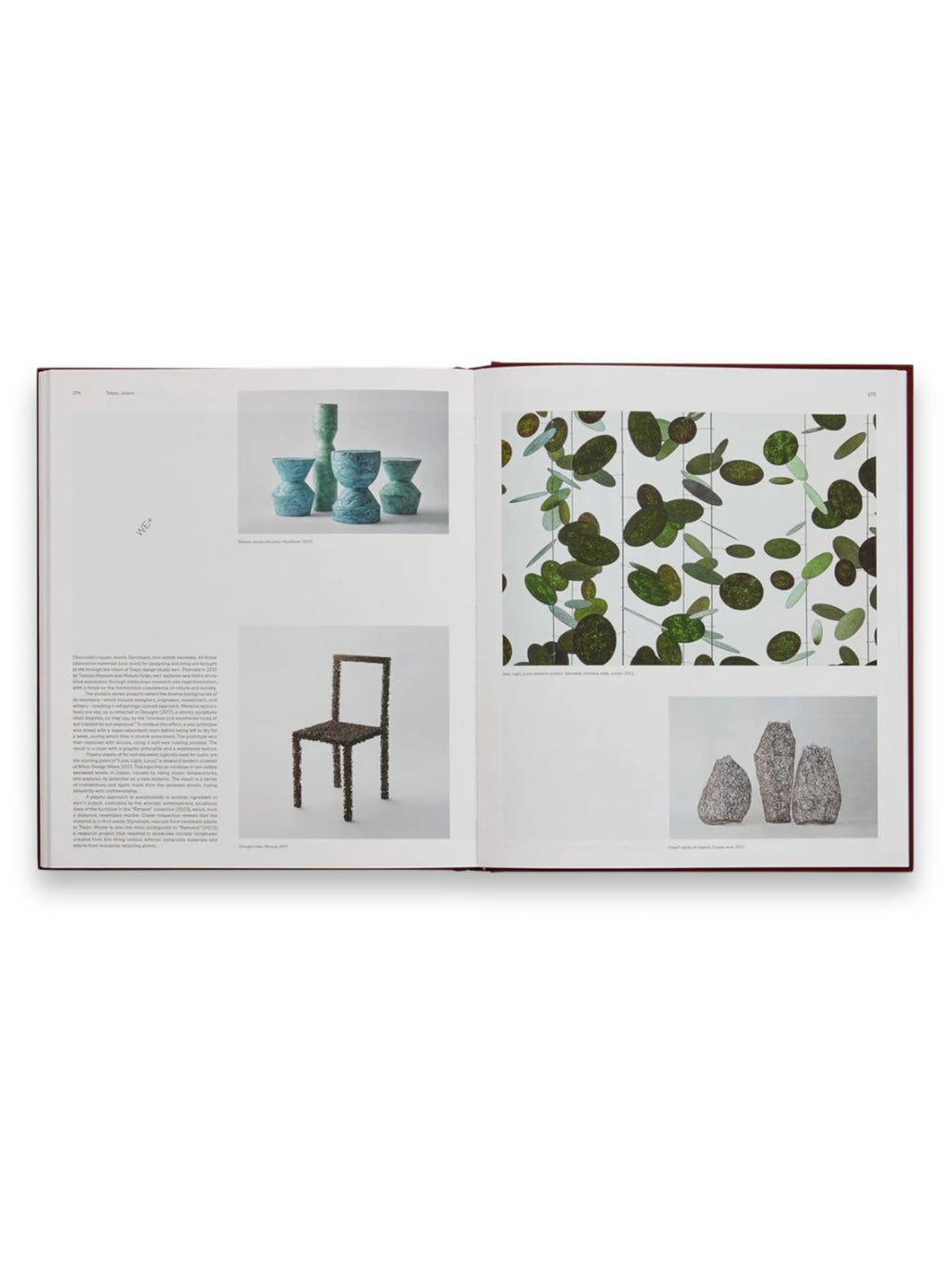 Book Designed for Life, an open hardcover book displaying vibrant images of modern design, including teal vases, a unique textured chair, and green leaf art. This inspiring design book is perfect for interior designers, architects, and art enthusiasts seeking creative inspiration.